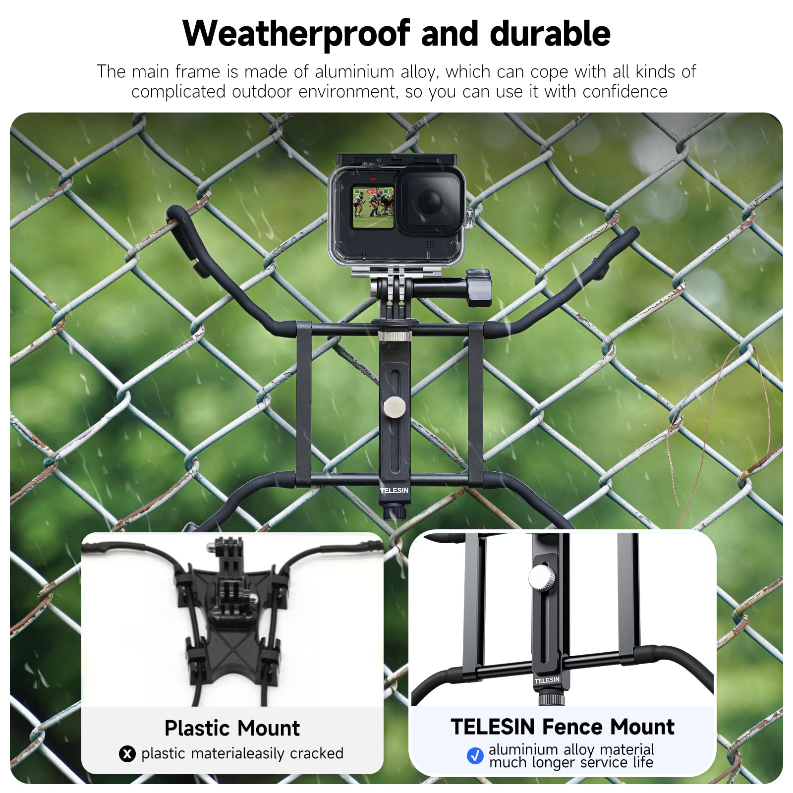 Telesin� Fence Mount With Flexible Clamp Arm For Phones Gopro 13 Dji Action 5 Pro, Mevo Start Backstop Camera, Softball, Tennis, Baseball, Football, Net/Chain Link Games Live Streaming Accessories