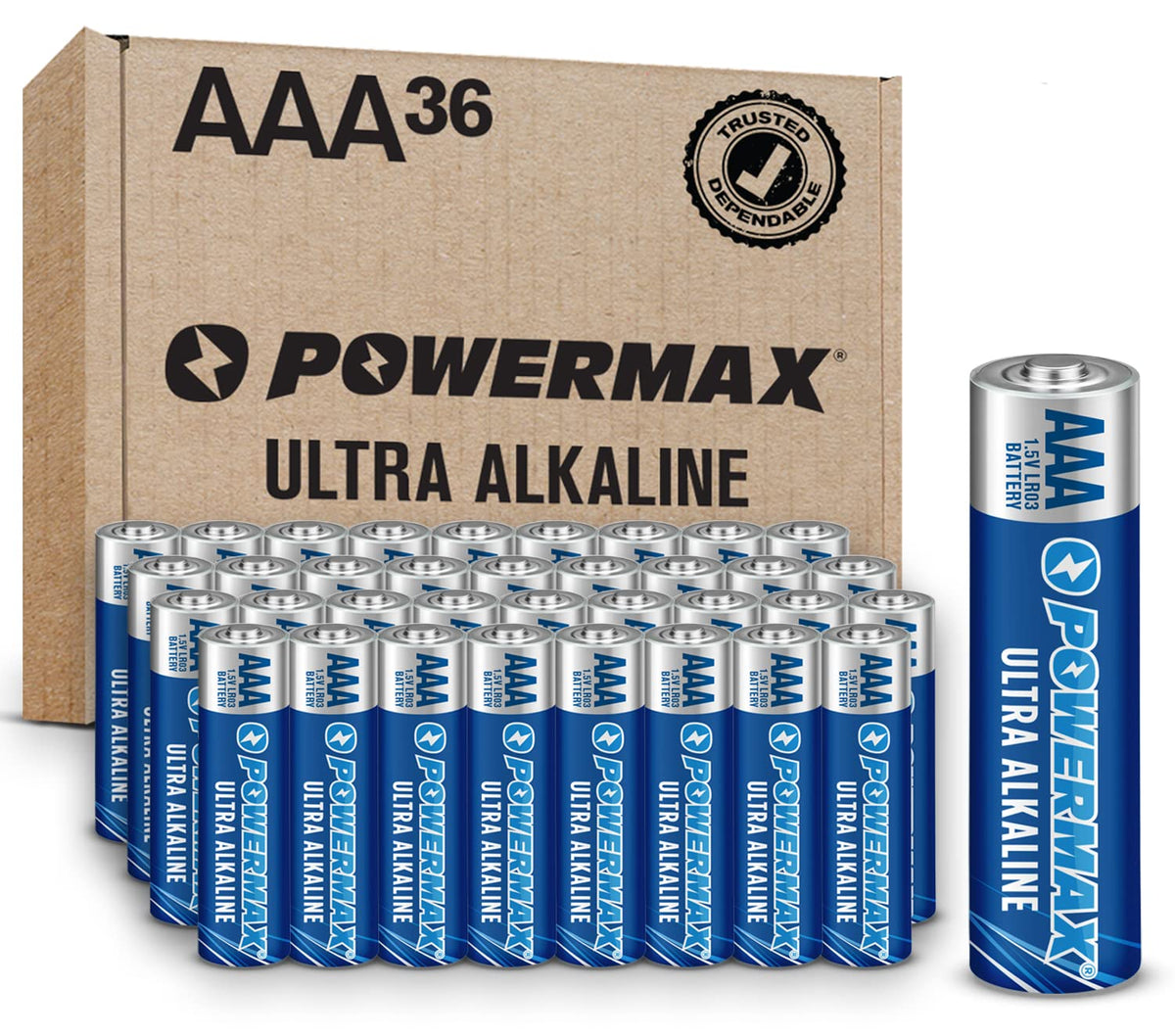 Powermax 36 Count Aaa Batteries, Ultra Long Lasting Alkaline Battery, 10 Year Shelf Life, Reclosable Packaging