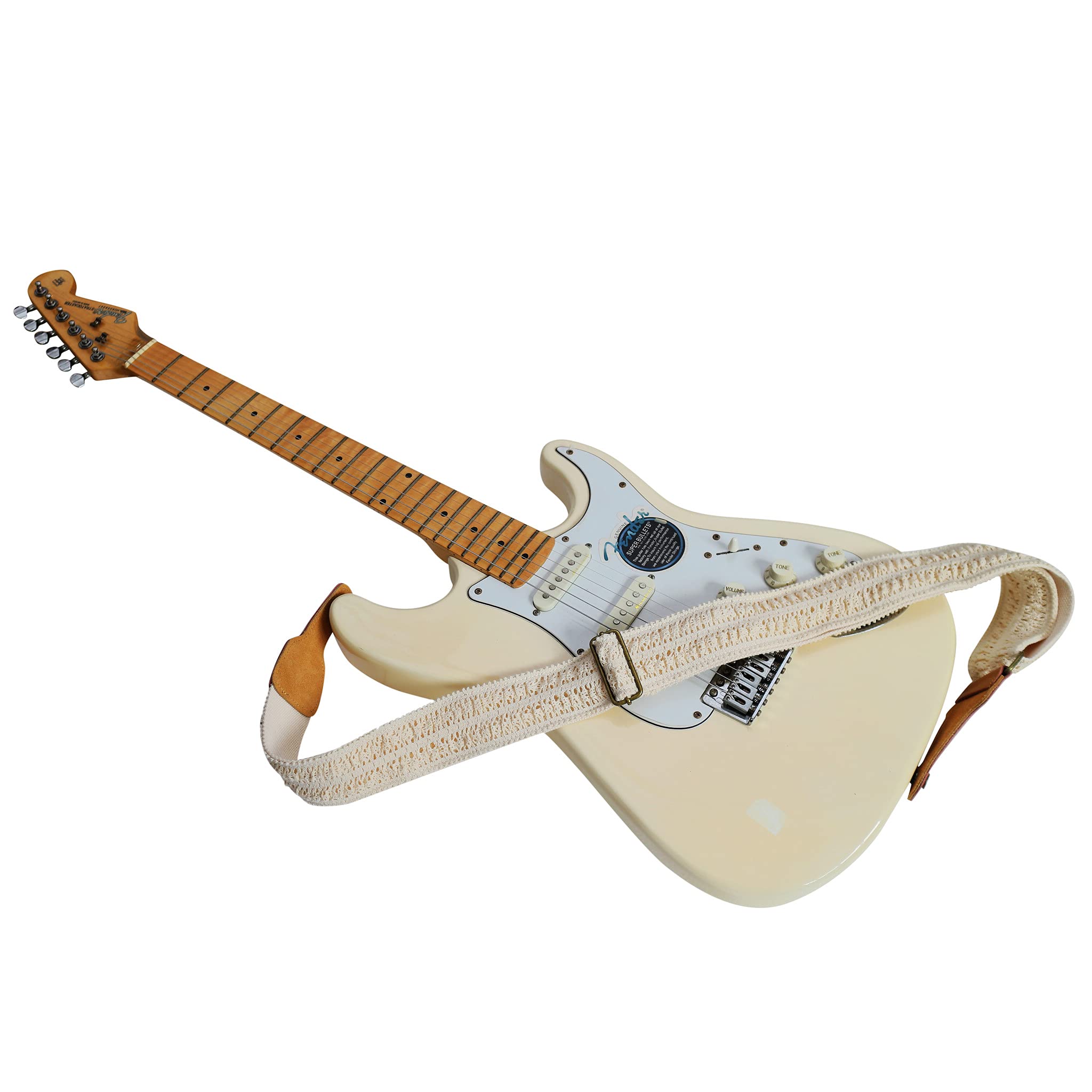 Music First Original Design, 2 Inch Width (5Cm), Cream Graceful & Vintage''Lace'' Soft Lace & Genuine Leather Delux Guitar Strap