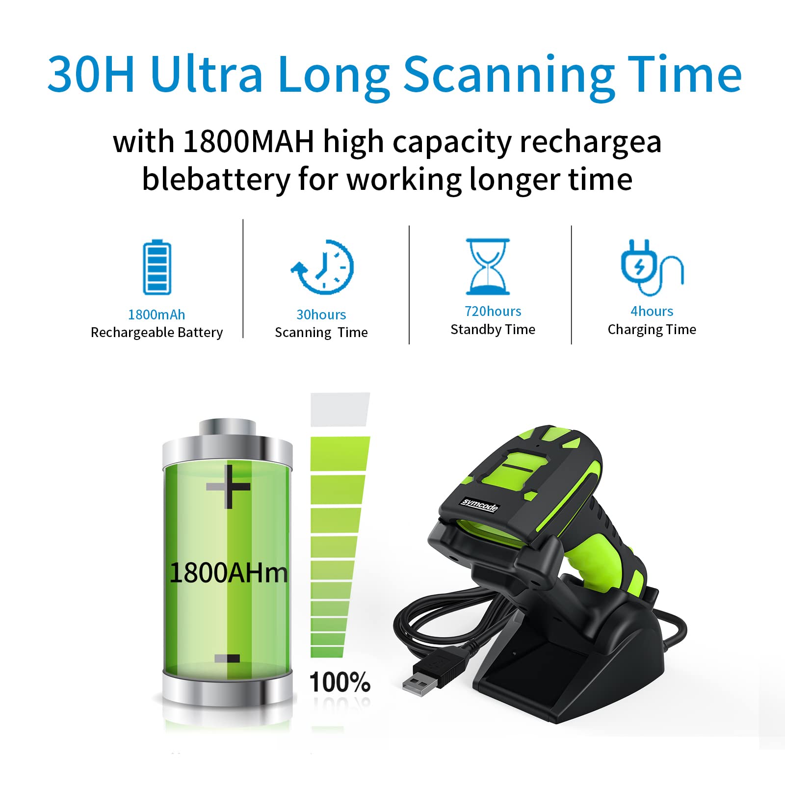 2D Bluetooth Industrial Barcode Scanner, Industrial Bar Code Reader With Wireless 433Mhz 1800 Feet Transmission Distance,For Int