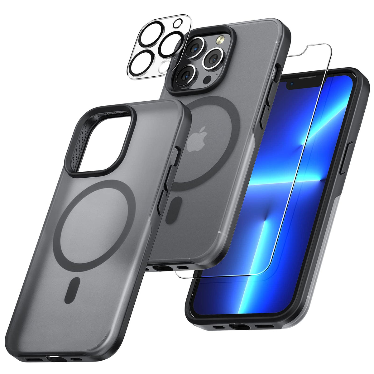Tauri 5 In 1 Magnetic For Iphone 13 Pro Max Case, [Designed For Magsafe] With 2X Screen Protector + 2X Camera Lens Protector, Military Grade Protection Phone Case   Matteblack