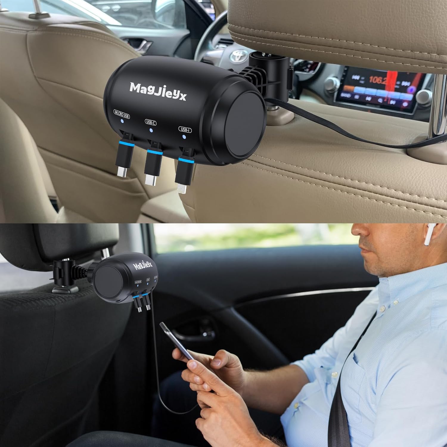Magjieyx Multi Retractable Car Charger Station, Headrest 3 In 1 Charging Box Share Ride Dock For Backseat With Fast 36W Qc 3.0 C