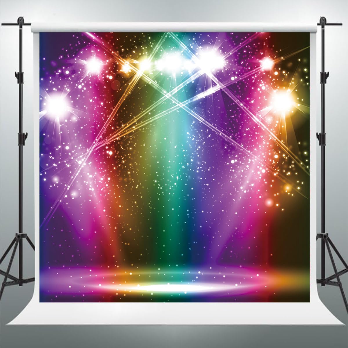 Yongfoto 8X8Ft Rainbow Color Stage Backdrop Glitter Sparkle Purple Pink Orange Green Spot Light Photography Background Birthday