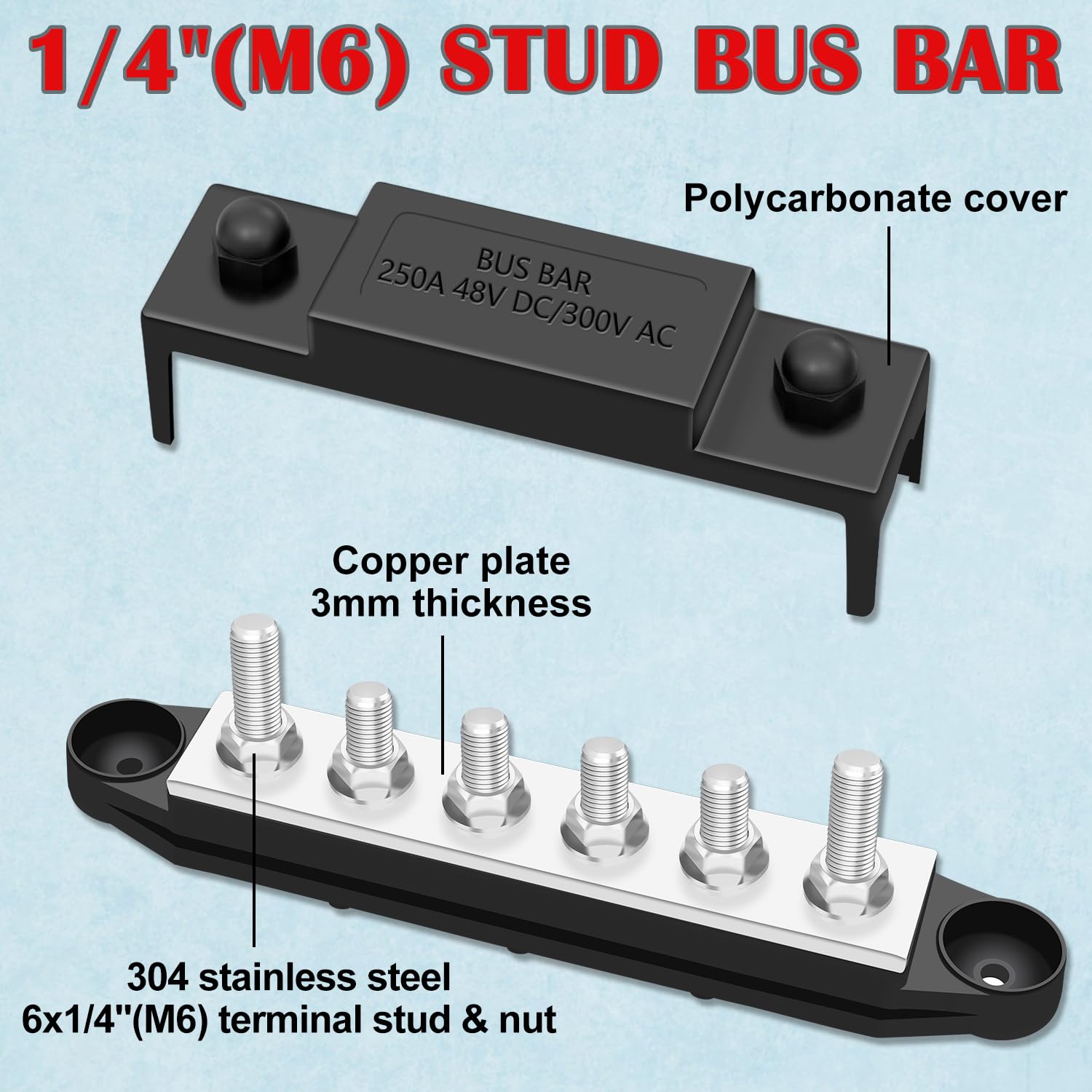 Aienxn 250A 12V Bus Bar Marine, 1/4'' Power Distribution Block, Battery Buss Bar, Automotive Busbar Terminal Block For Car And B