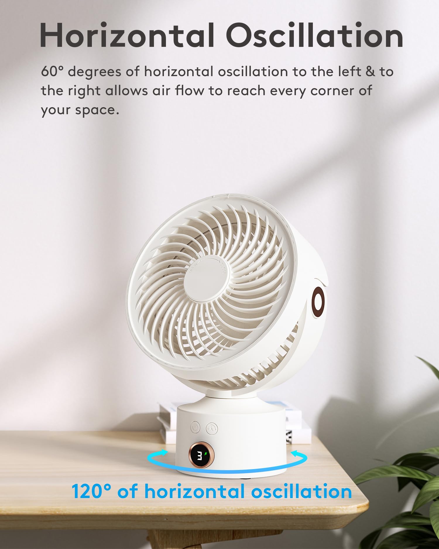 Caronsort Desk Fan, Small Oscillating Fan, Table Air Circulator Fans For Bedroom, Rechargeable Battery Operated Fan With 3 Speed