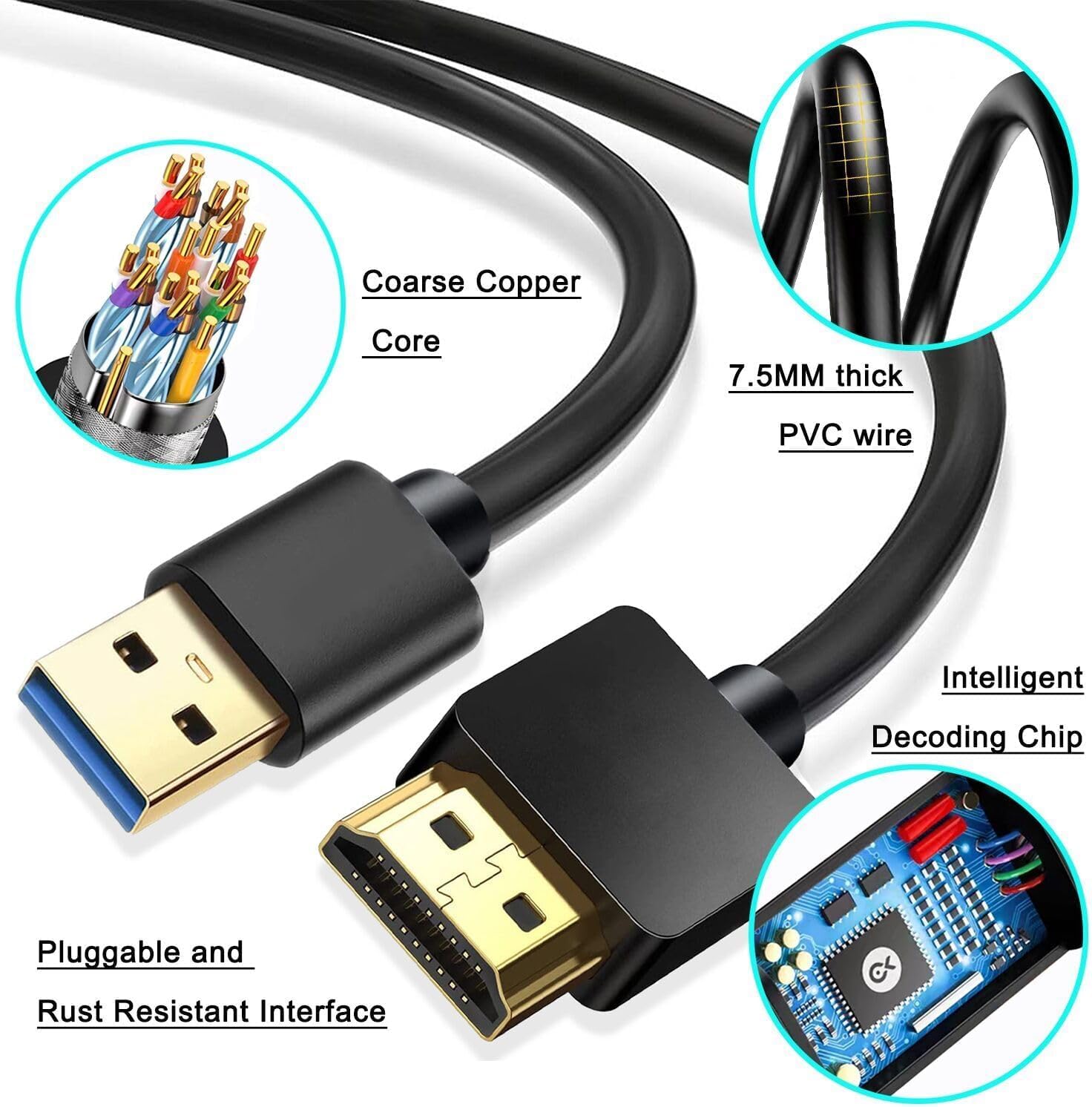Ankky Usb To Hdmi Adapter Cable 6.6Ft, Usb To Hdmi Cable Male To Male Full 1080P Hd Display Cable Audio Video Converter Cord For