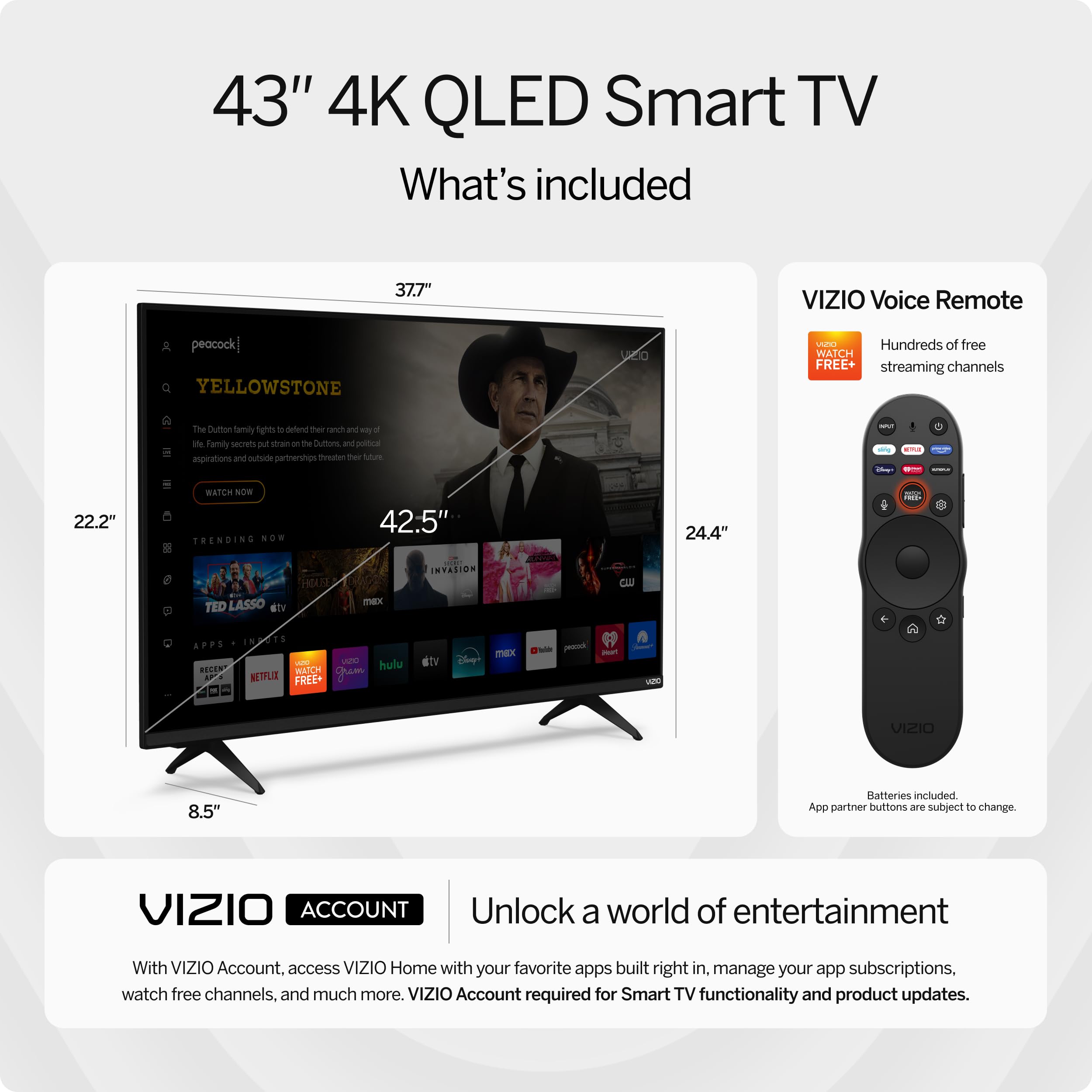 Vizio 43 Inch Quantum 4K Qled Hdr Smart Tv W/Dolby Vision Hdr, 120Fps @1080P Pc Gaming, Wifi 6, Bluetooth Headphone Capable, App
