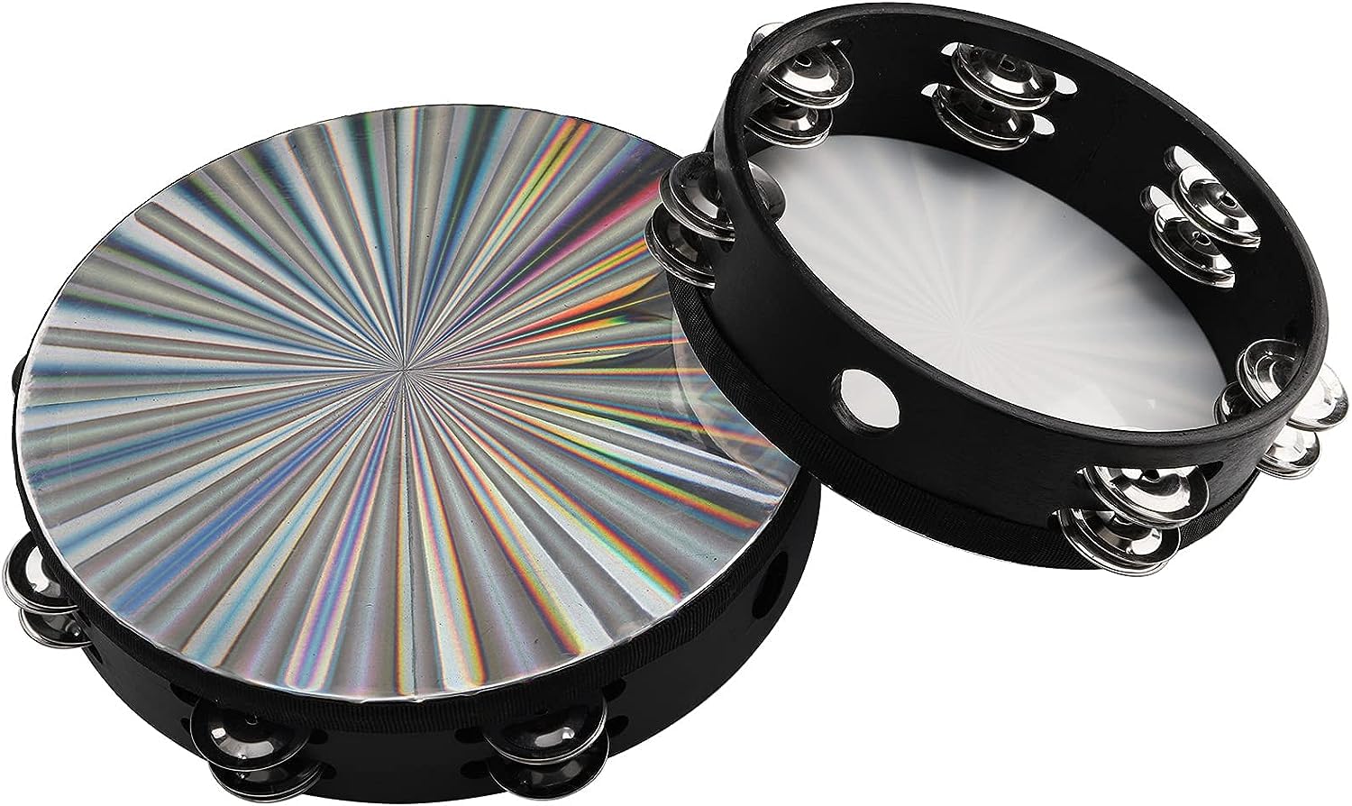 Youeon 2 Pack Radiant Tambourine With Double Row Jingles, 8/10 Inch Wood Handbell Music Reflective Drum, Hand Drum Percussion In