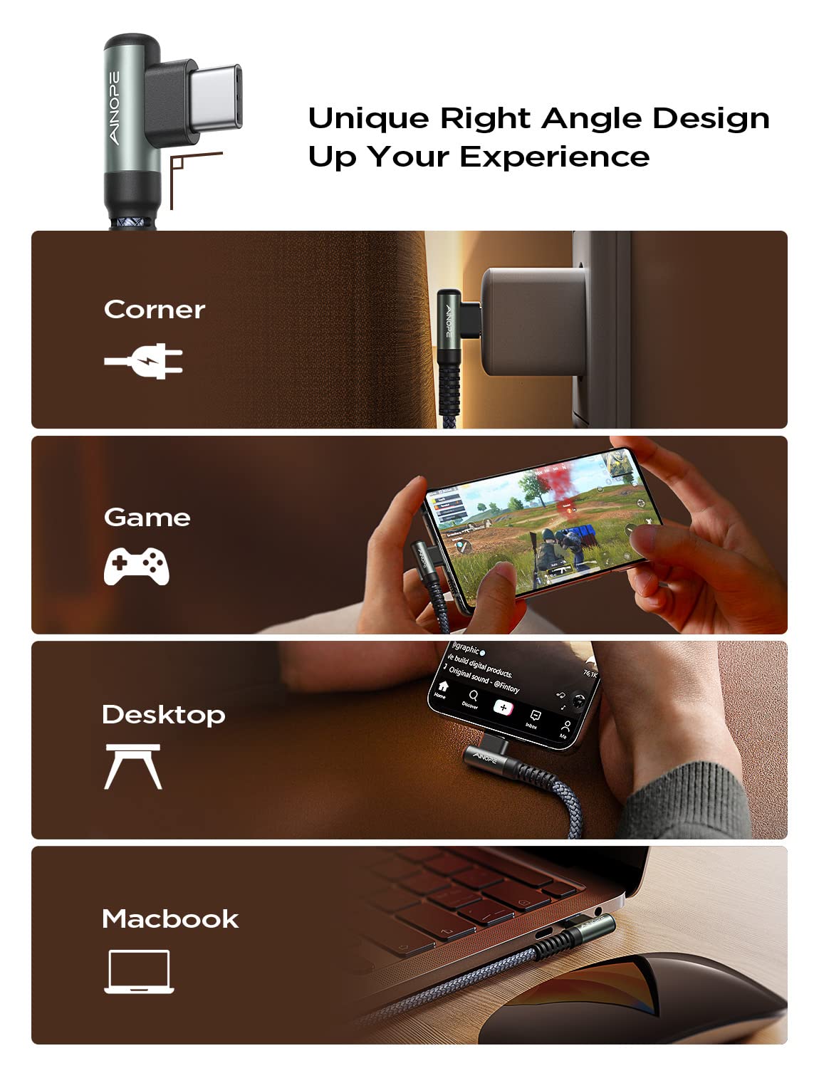 Ainope Right Angle Usb C To Usb C Cable 3.3Ft 60W 2 Pack Usbc To Usbc For Iphone 15 Pro Max Car Charger Cord Fast Charging Compa