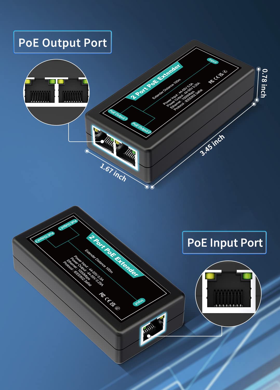 1 In 2 Out Gigabit Poe Extender, Nicgiga 2 Port Poe Repeater 100 Meters(328 Ft),Ieee 802.3Af/At Power Over Ethernet Poe Splitter