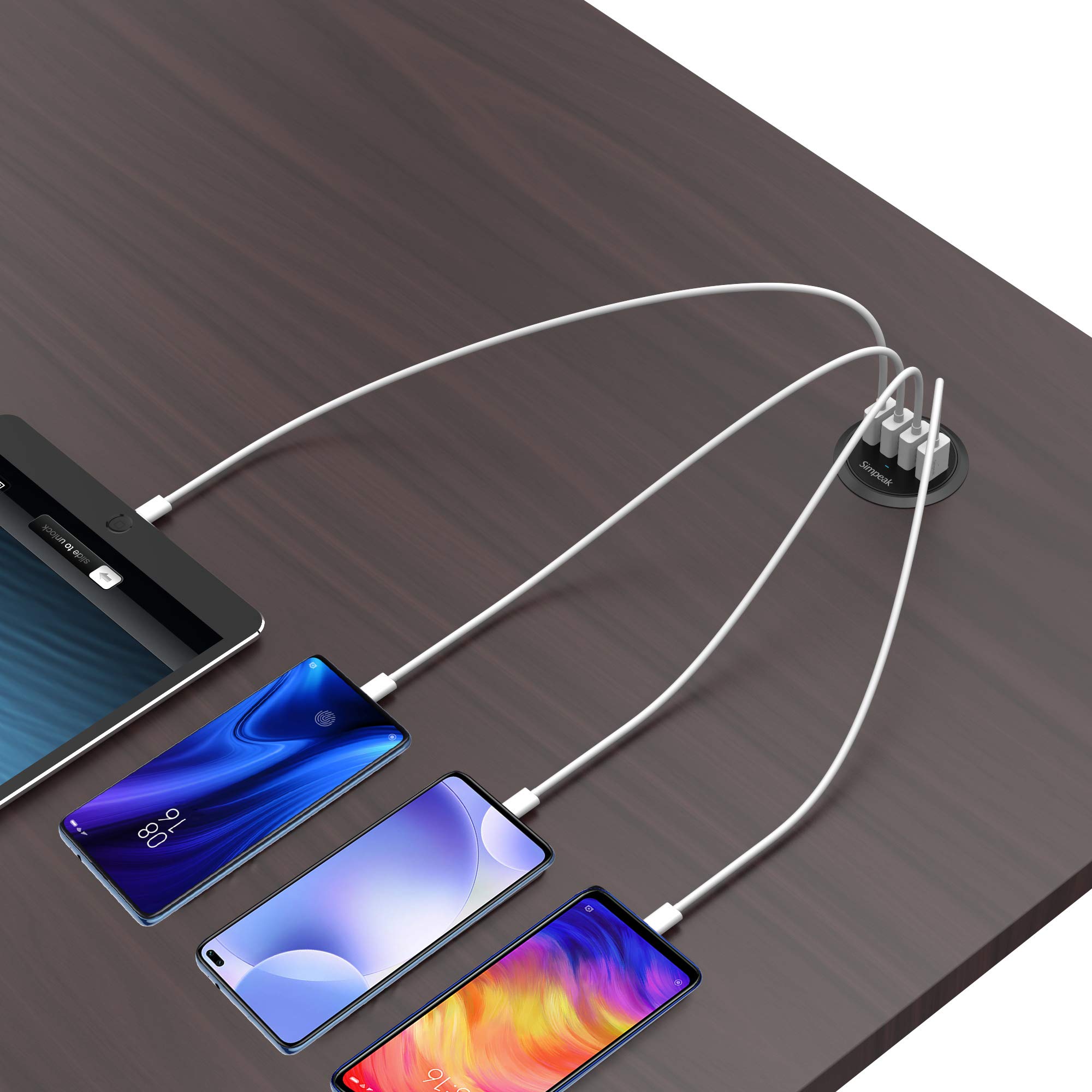 Simpeak 30W 4-Port Usb Desk Charger Desktop Charging Station Mounts On The 2.0/2.4 Grommet Hole With Power Cable (Match 2Pcs Gro