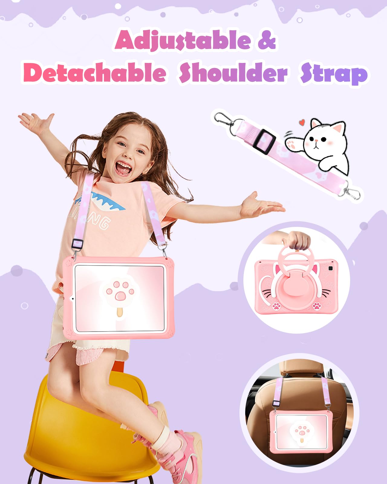 Wazzasoft For Samsung Galaxy Tab S6 Lite 10.4    Case Girls Cute Cat Kawaii Cover Girly 3D Cartoon Women Kitten With Rotating Ha