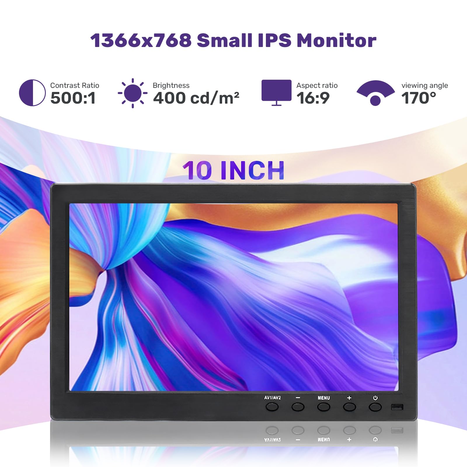 Oscy 10.1 Inch Small Monitor, Security Monitor With 1366X768 Resolution 60Hz Ips Cctv Monitor Support Hdmi/Vga/Av/Bnc For Gaming