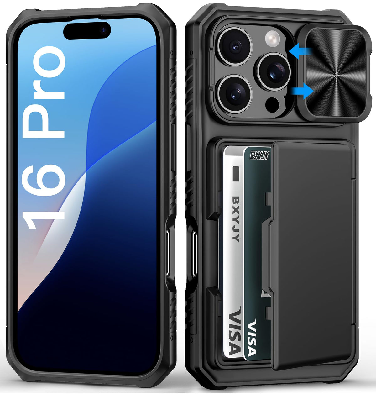 Bxyjy For Iphone 16 Pro Case With Camera Cover Kickstand, Built In Credit Card Holder (4 5 Cards), Military Grade Protection, He