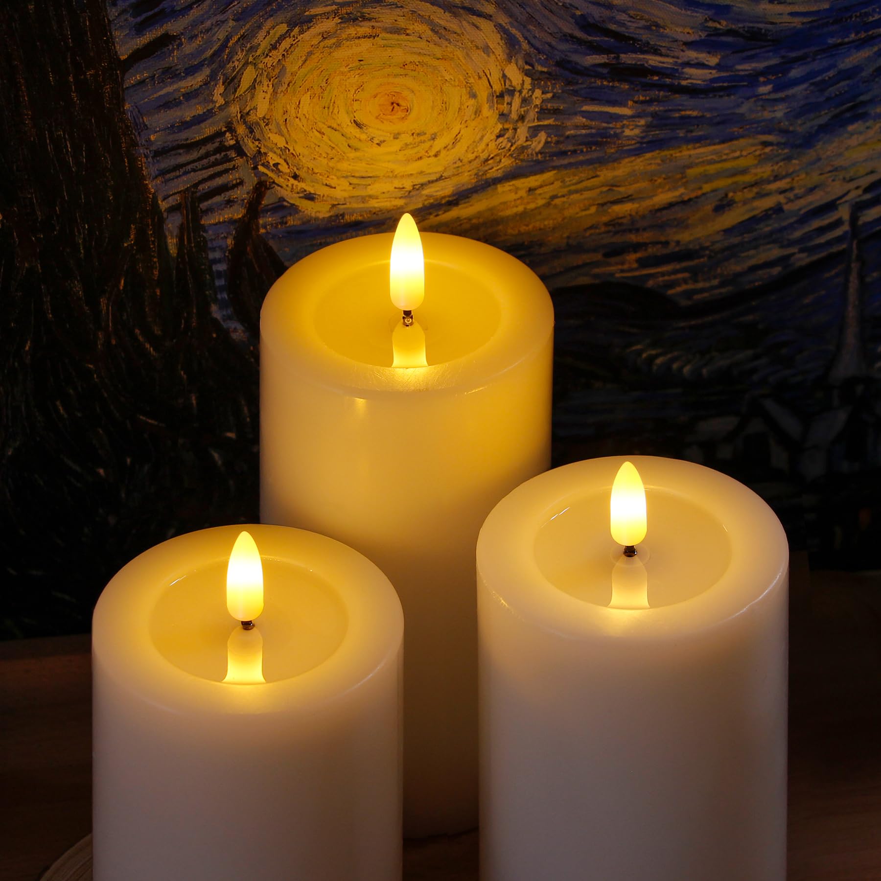 Yeelida Remote Flameless Flickering Pillar Candles With Candle Grease Effect,Pack Of 3 White Led Battery Oprated 2/4/6/8 Hours T