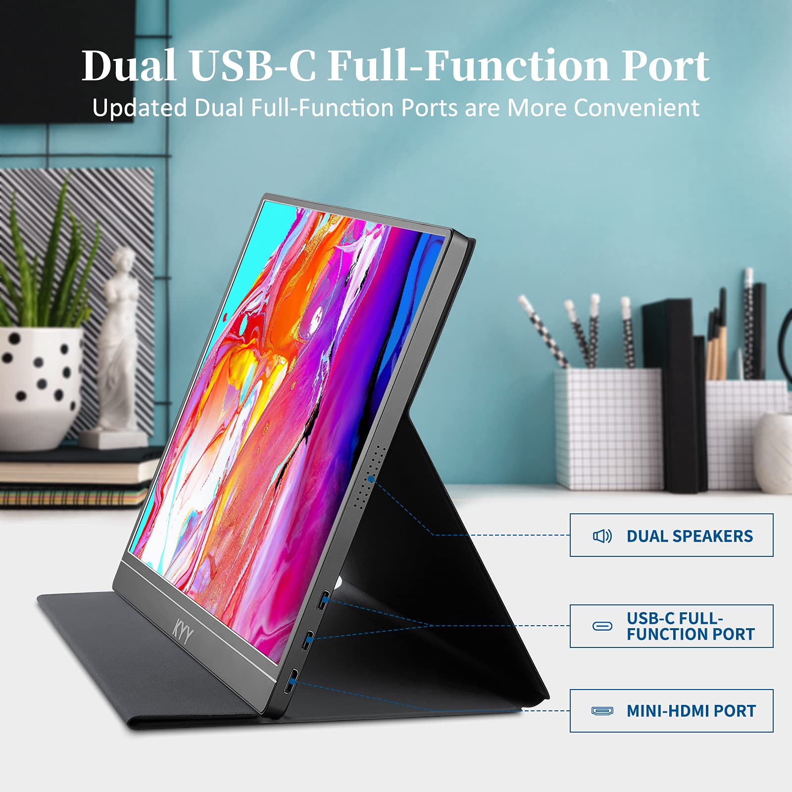 Kyy Portable Monitor 15.6'' 1080P Fhd Usb C Laptop Monitors W/Smart Cover & Dual Speaker, Hdmi Computer Display Ips Hdr External