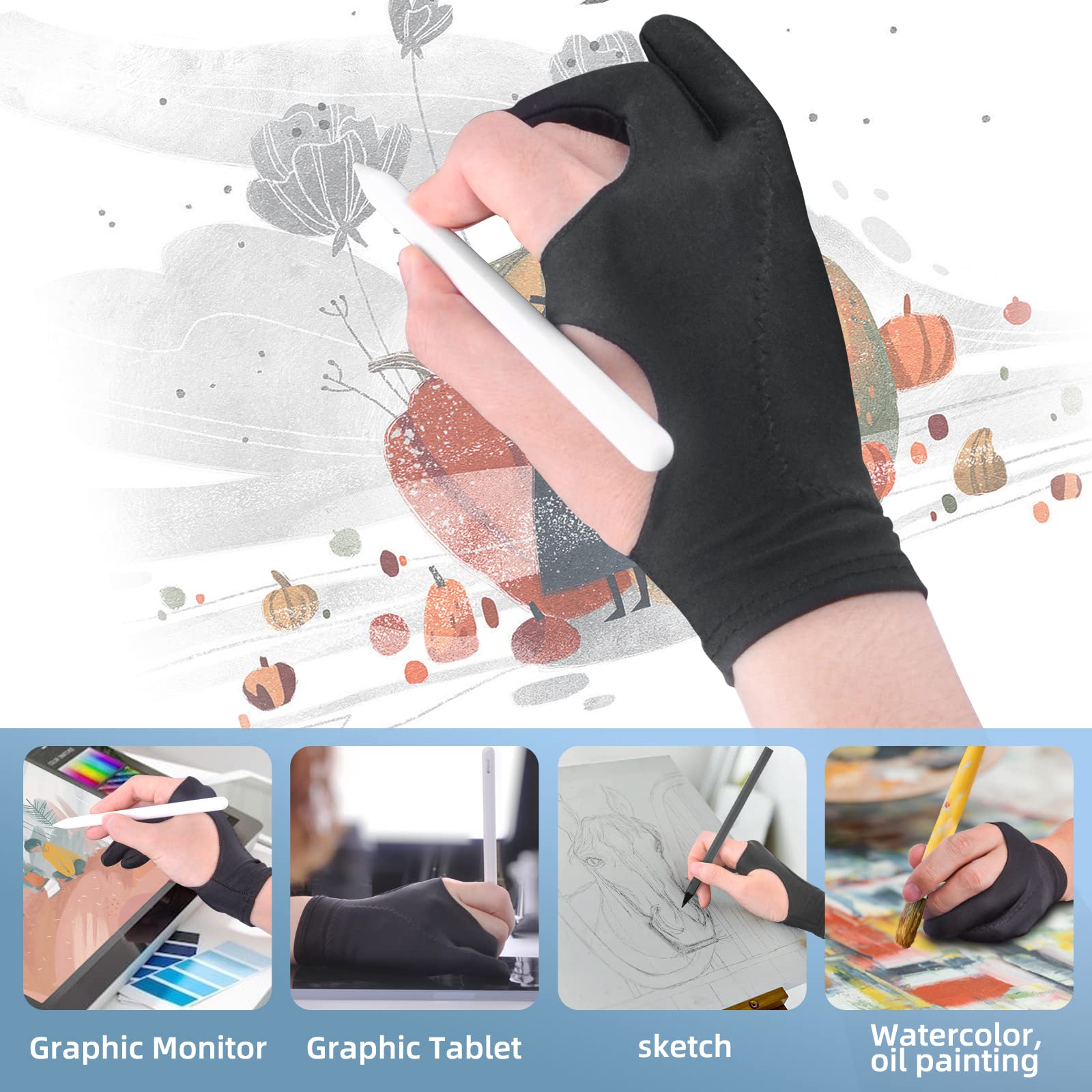 Artist Drawing Glove 3 Layer Palm Rejection [2 Pack Black] Right Left Hand Digital Art Graphic Tablet Ipad Gloves Two Finger Smo