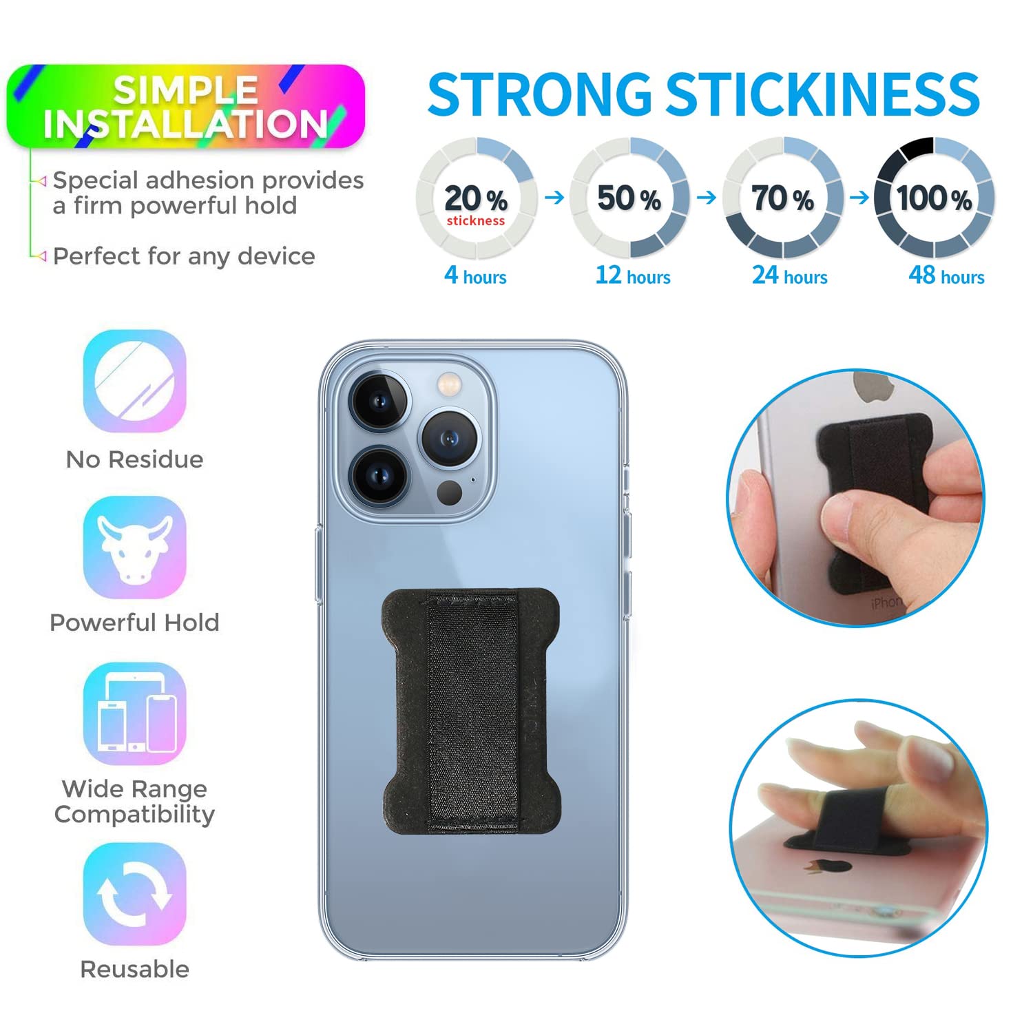 REINVENT EGO Finger Strap Phone Holder - Ultra Thin Anti-Slip Silicone Grip - 2 Pack - Black