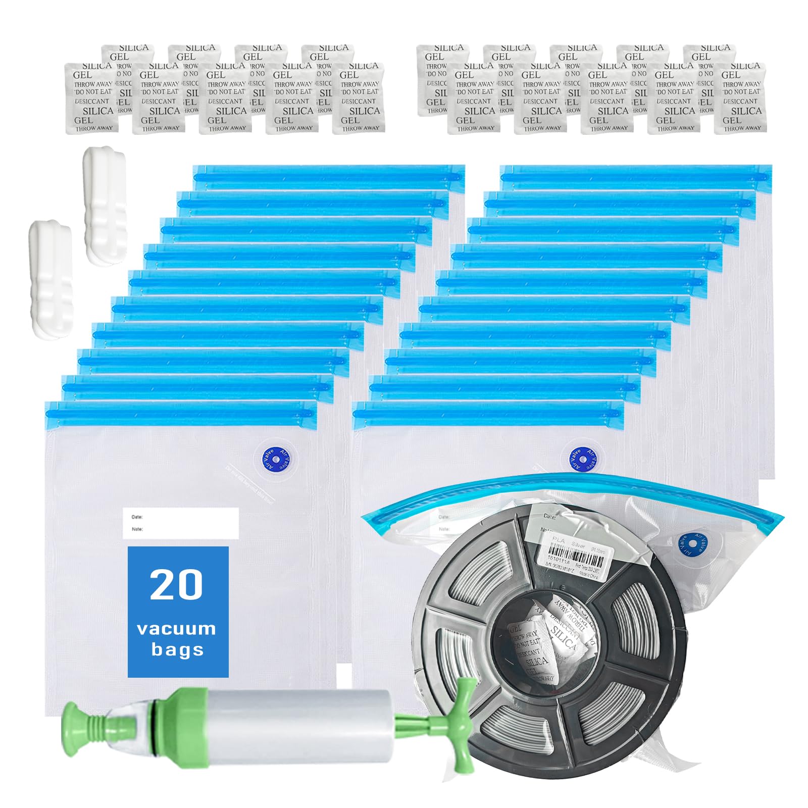 Filament Storage Bags Vacuum Kit, TIOPY 20Pcs 3D Printer Filament Sealed Bags with 20Pcs Desiccants/Seal Clip/Hand Pump, Perfect