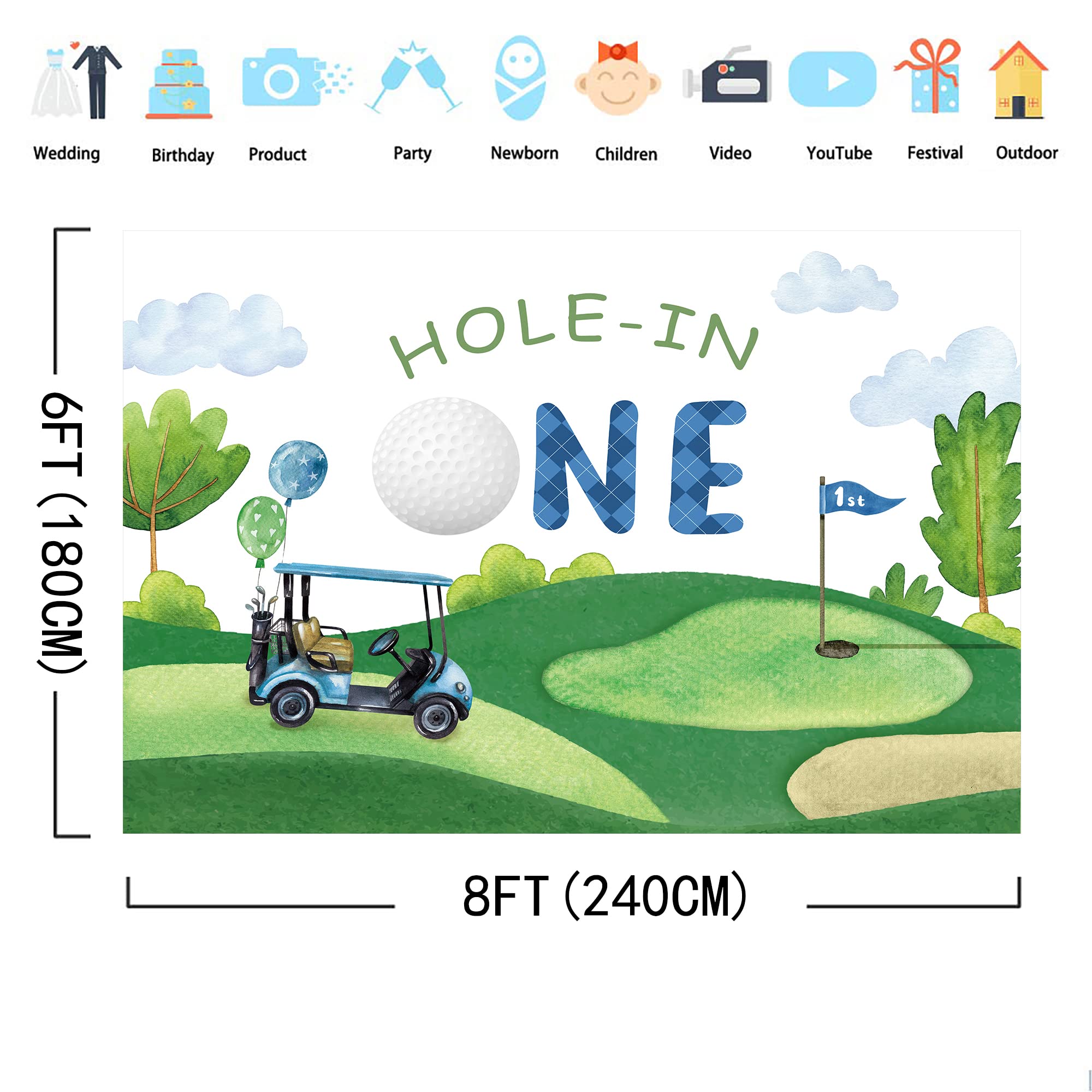 Svbright Golf 1St Happy Birthday Backdrop 8Wx6H Cute Cartoon Hole In One Watercolor Green Grass Plant Sports Themed Baby Shower