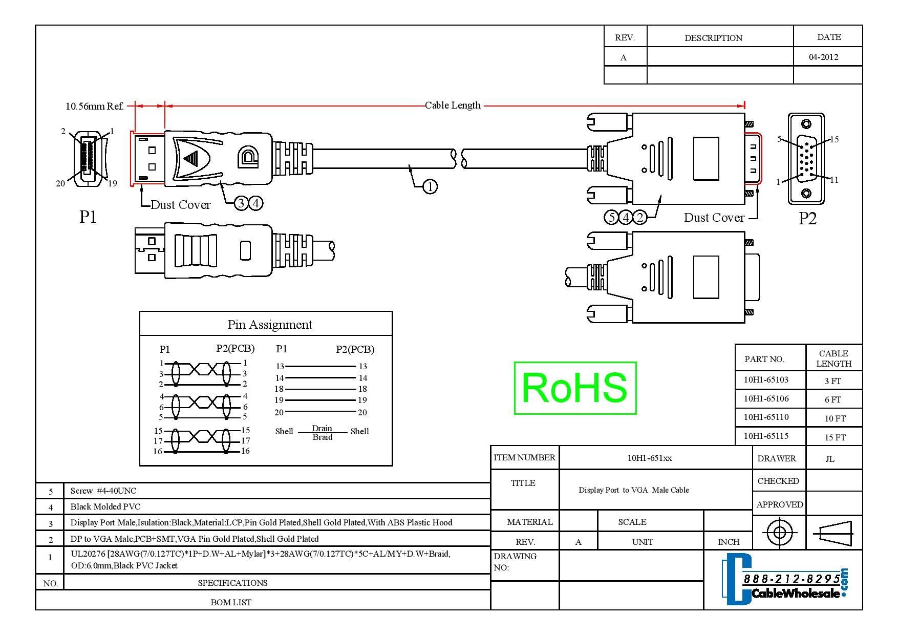 Cablewholesale Displayport (Dp) To Vga Adapter Monitor Cable   Hd 1080P Displayport (Dp) Male To Vga Male, Gold Plated Connector