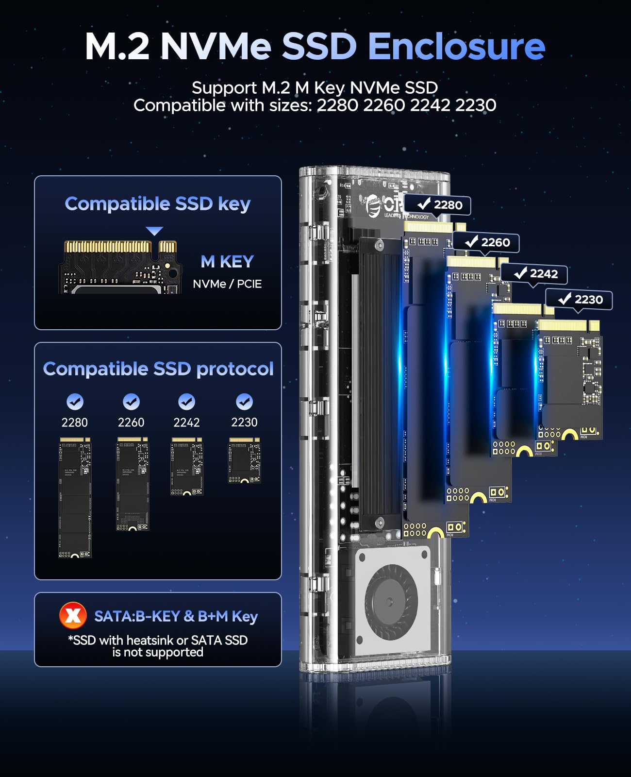 ORICO 40Gbps M.2 NVMe SSD Enclosure with Built in Cooling Fan, Tool Free External Hard Drive Enclosure, Support 2230 2242 2260 2280(M Key), Compatible with Thunderbolt 3/4 USB4/3.2/3.1/3.0/2.0 TCM2U4