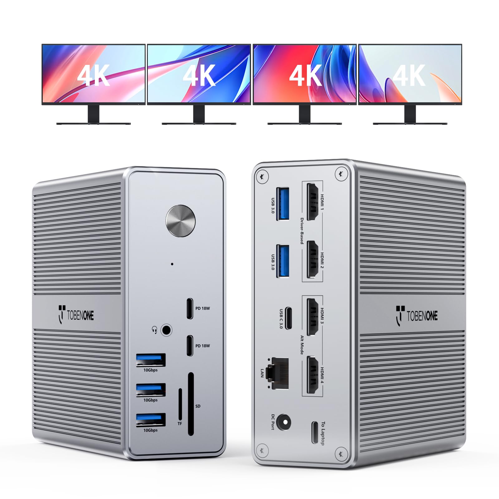 TobenONE DisplayLink Docking Station 4 Monitor with 4 HDMI, 18-in-1 Quad/Triple 4K@60Hz Display Dock with 120W Power Supply for 