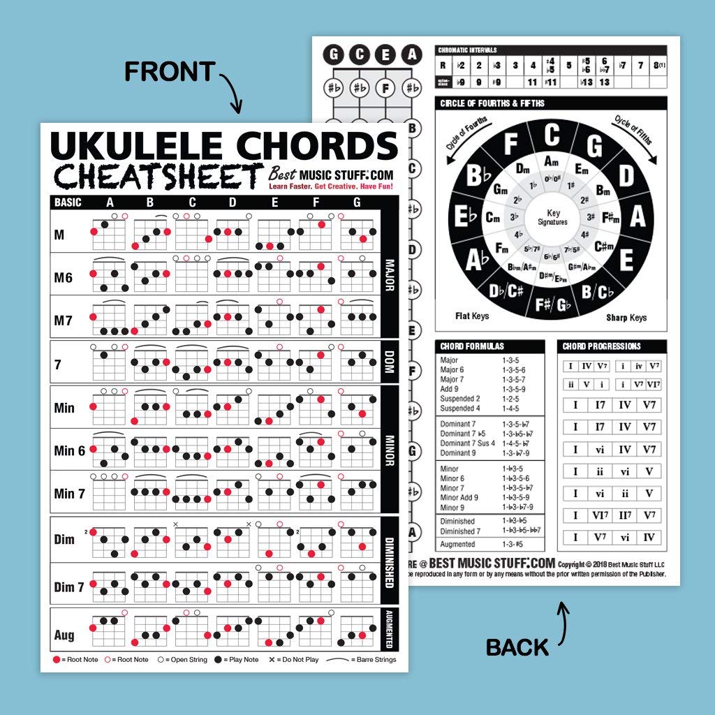 Small + Large Ukulele Chords Cheatsheet Bundle - Laminated And Double Sided Pocket Reference 4X6 And 6X9  Best Music Stuff