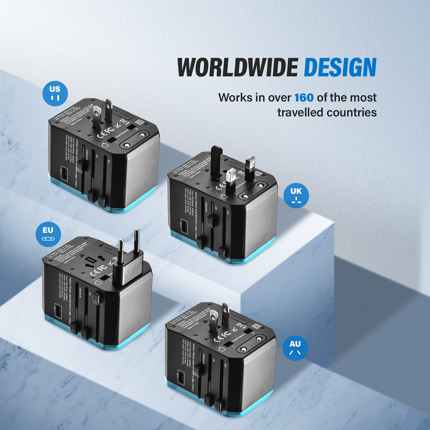 Unidapt Universal Travel Adapter - 5.6A Smart Power, 3.0A USB Type-C, Model Jy-305 Plus, Blue, Compatible with USA, EU, UK, AUS