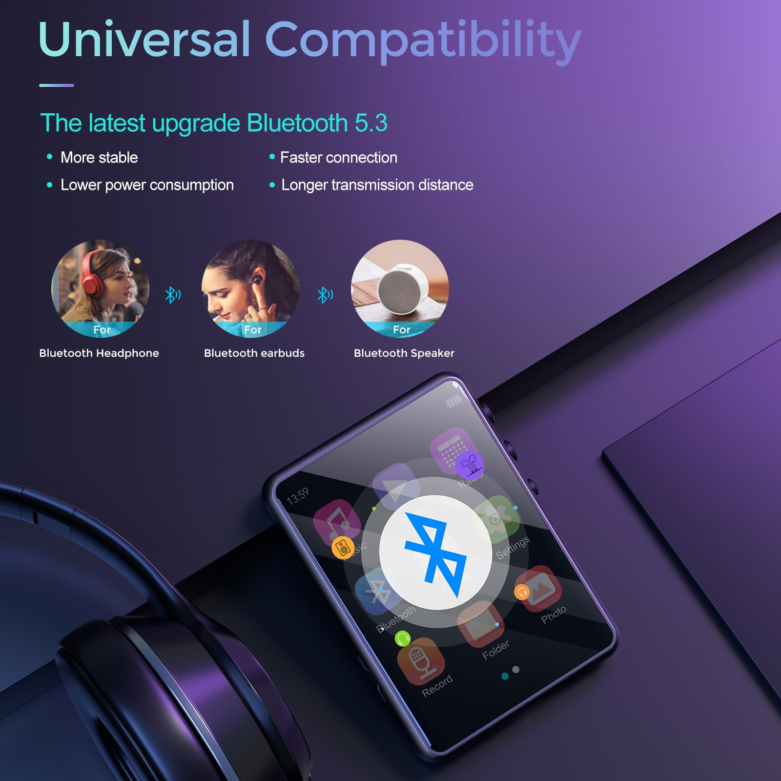 Mp3 Player With Bluetooth 5.3, Portable Hifi Lossless Sound Music Player With Speaker, Built In 64Gb Memory, Fm Radio, Voice Rec