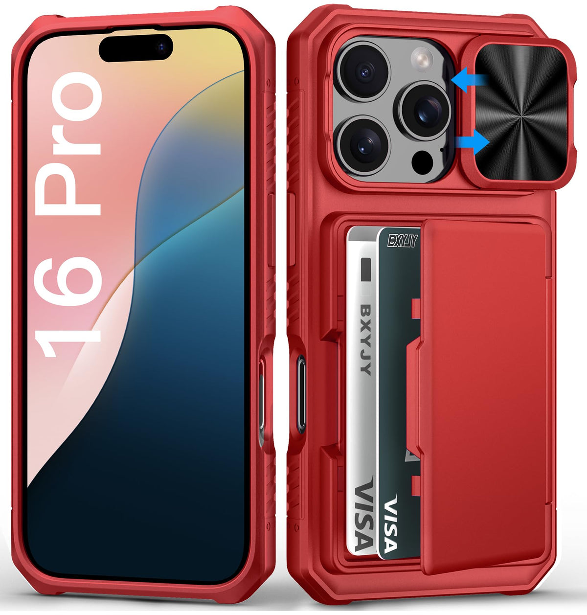 Bxyjy For Iphone 16 Pro Phone Case Wallet, Built In Card Holder (4 5 Cards), Slide Camera Lends Cover, Military Grade Protection