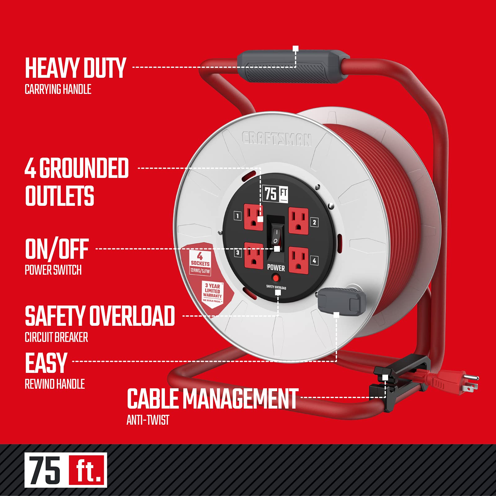 Craftsman Contractor Edition Retractable Extension Cord Reel 75 Ft. With 4 Outlets & Heavy Duty 12Awg Sjtw Cable