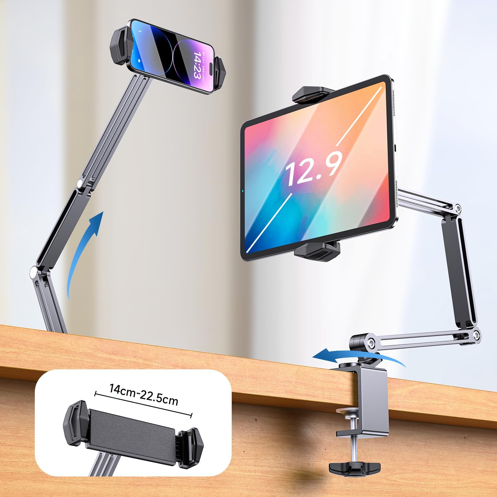 Yicosun Aluminum Adjustable Tablet Holder Stand For Bed & Desk   Compatible With Ipad Pro Air, 7 15.6'' Portable Monitor, Kindle