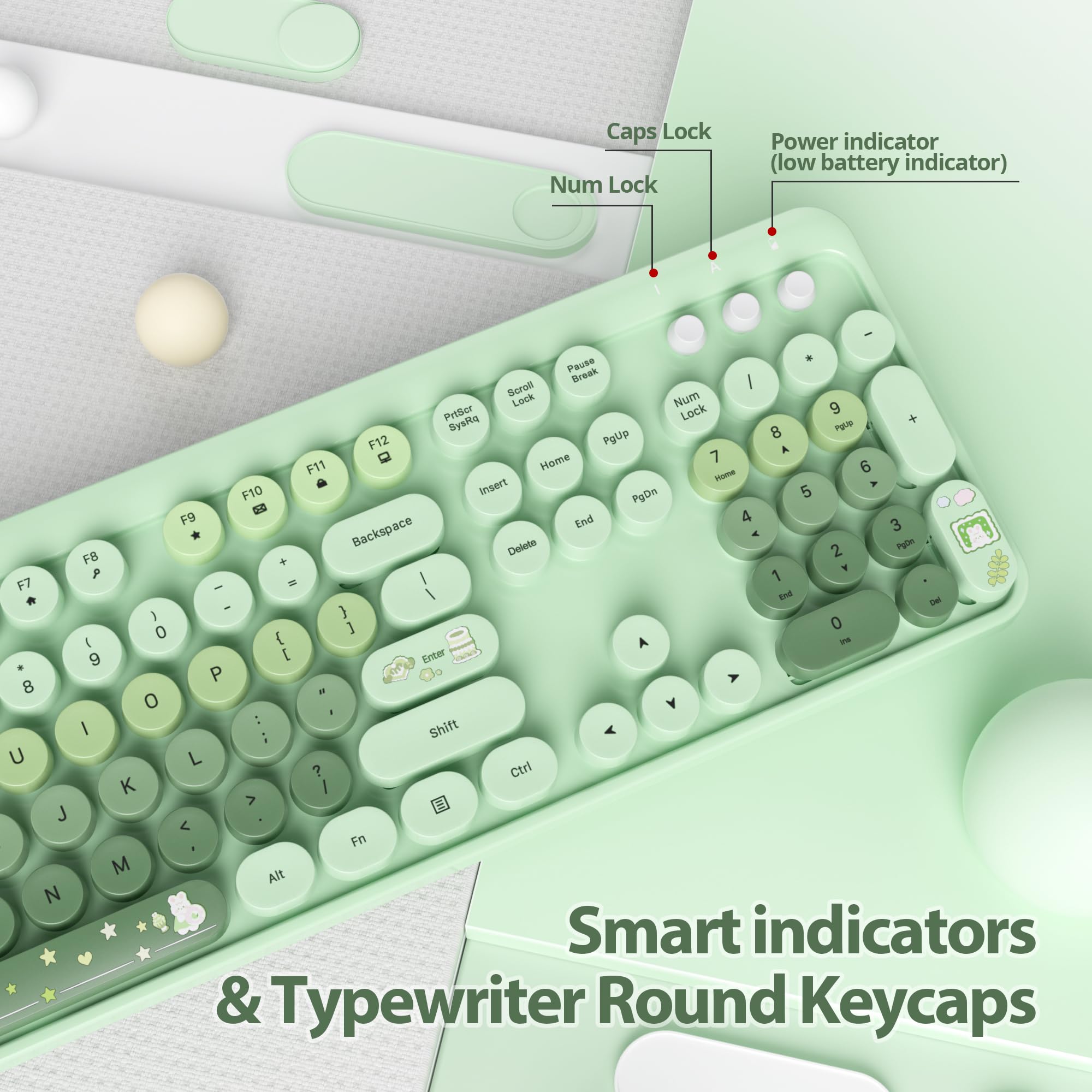 Fogruaden Green Keyboard And Mouse Wireless, Retro Typewriter Keyboard, 2.4Ghz 104 Keys Full Size Cute Keyboard With Number Pad,
