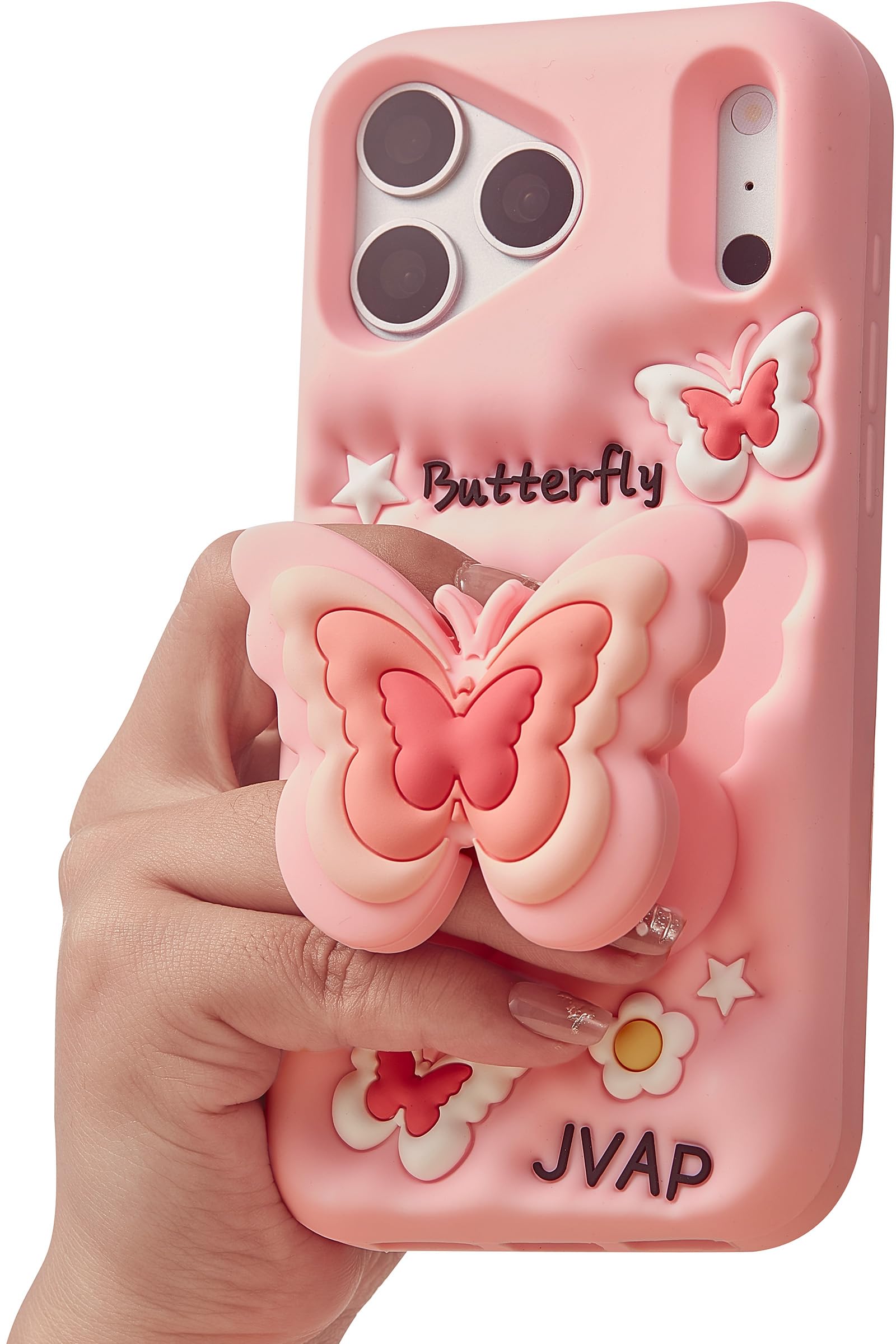 TUFTA Kawaii 3D Butterfly Phone Case for iPhone 17 Pro Max (with Retractable Phone Stand & Grip) Cute Girly Cartoon Soft Silicon
