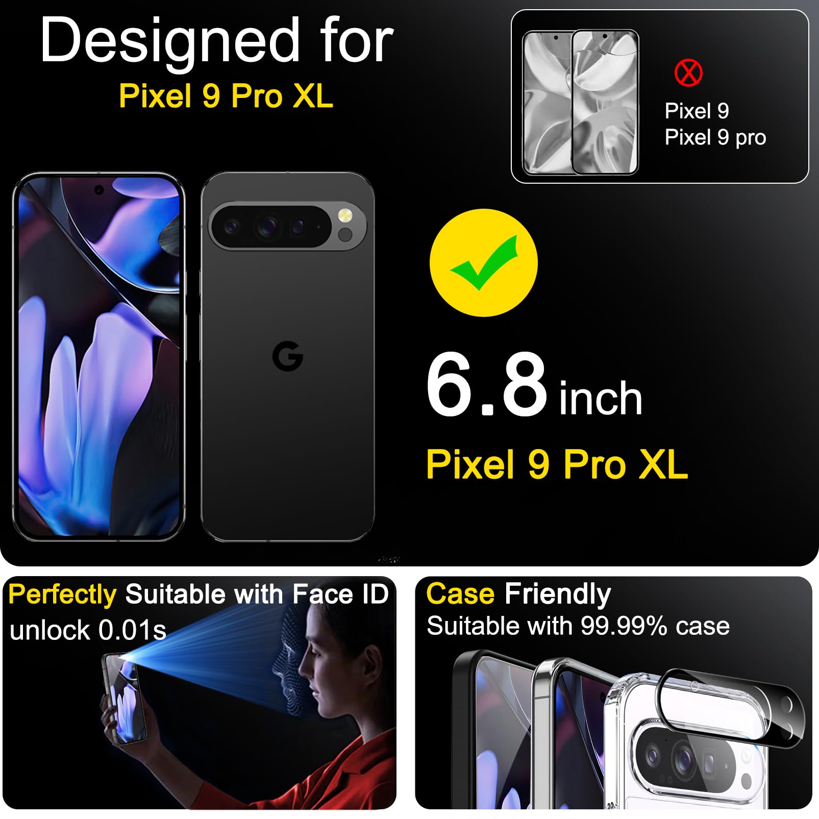 Ferilinso Full Coverage 3 Pack Screen Protector For Google Pixel 9 Pro Xl [Phone Case Friendly], 3 Pack Tempered Glass Camera Le
