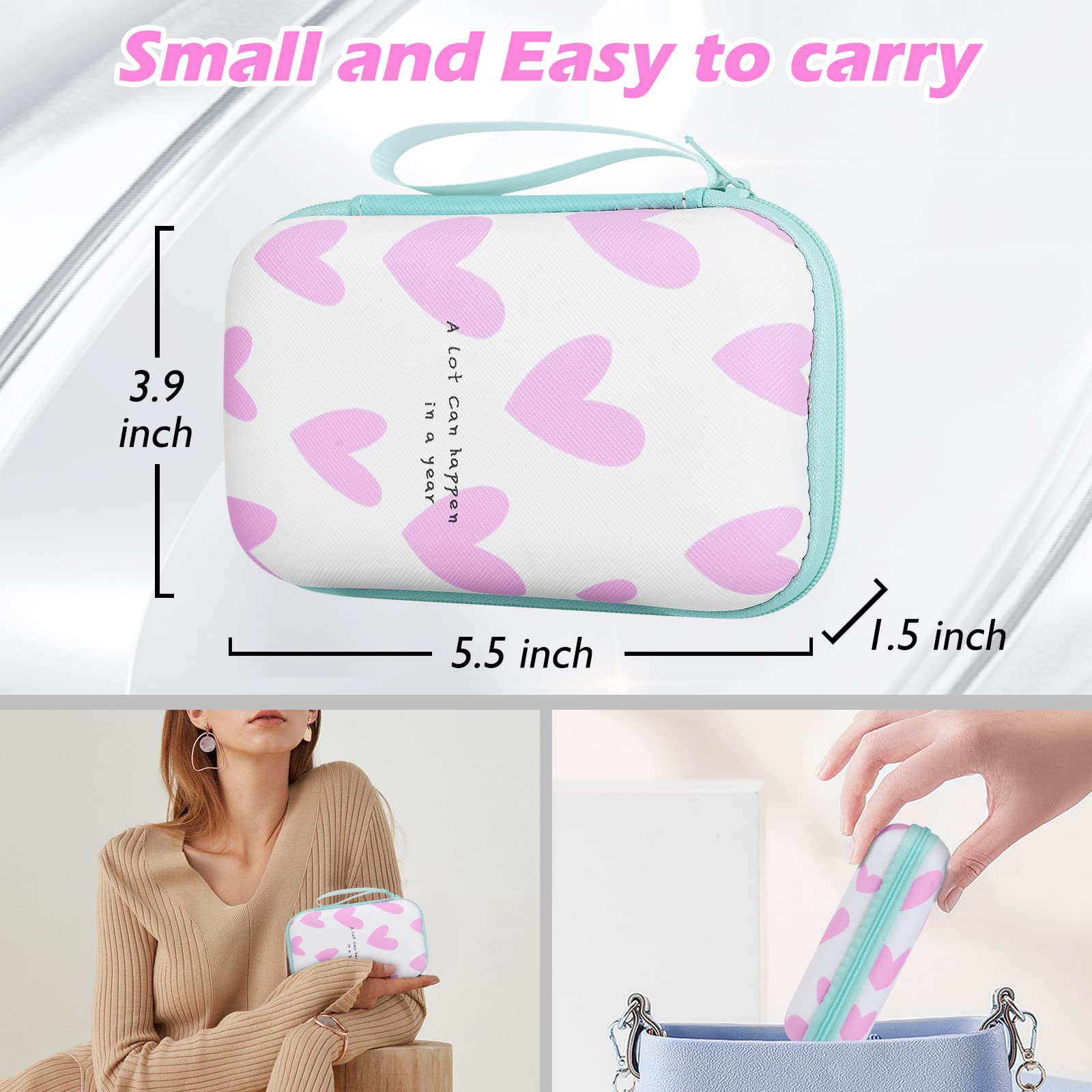Phone Charger Storage Case Set With Pink Hearts Carrying Case Bag With Cute 3D Love Cable Protector Set, Travel Cable Organizer,