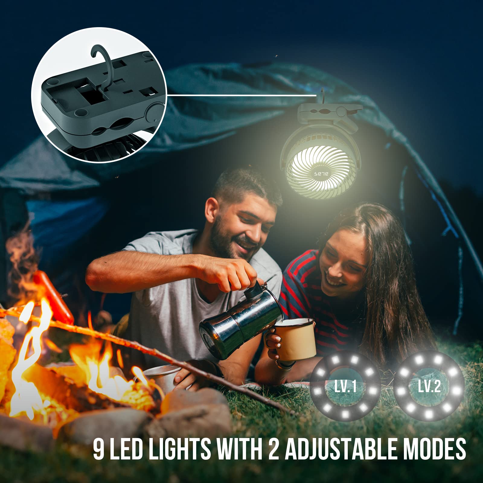 Blbs Rechargeable Camping Fan - 65H 12000Mah With Output Ports, Hanging Hook, 360 Head Rotation For Tents, Camp, Green