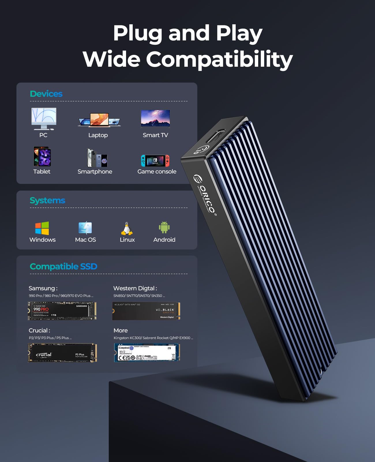 ORICO M.2 NVMe SATA SSD Enclosure, USB 3.1 Gen 2 (10 Gbps) to NVMe PCI E M.2 SSD Case Support UASP for NVMe SSD Size 2230/2242/2260/2280 (M.2 NVMe/SATA)