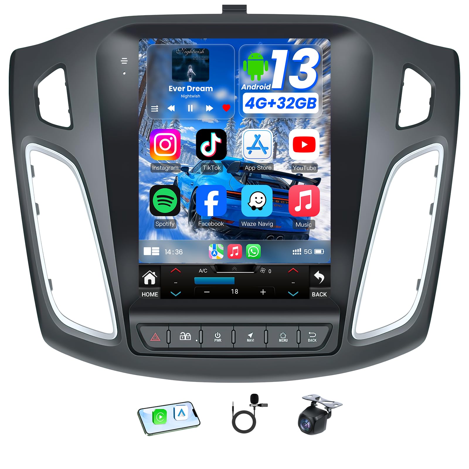 8core 4G+32G Car Radio for Ford Focus 2012-2018: 5G Wi-Fi 10.4 Inch OLED Touchscreen Stereo Replacement with Wireless CarPlay An