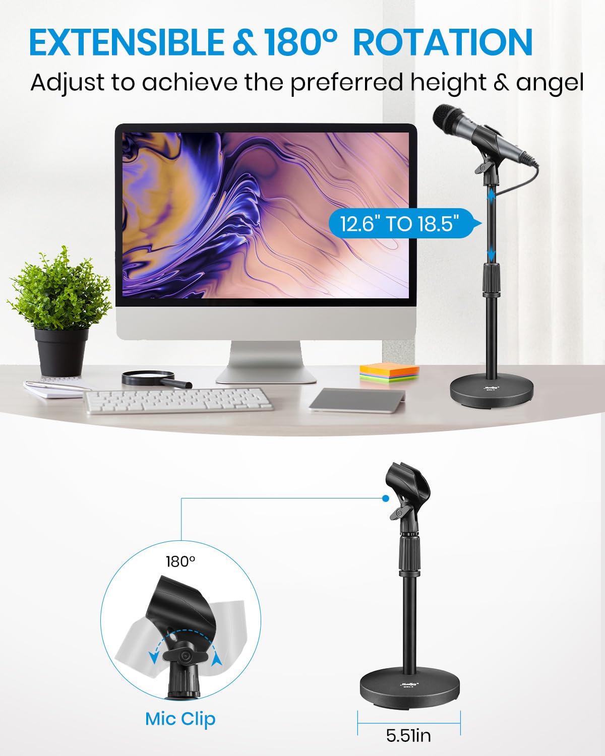 Moukey Desktop Microphone Stand, Adjustable Table Mic Stand With Mic Clip And 5/8' Male To 3/8' Female Screw For Blue Yeti Snowball Spark And Other Microphones, Mms 2