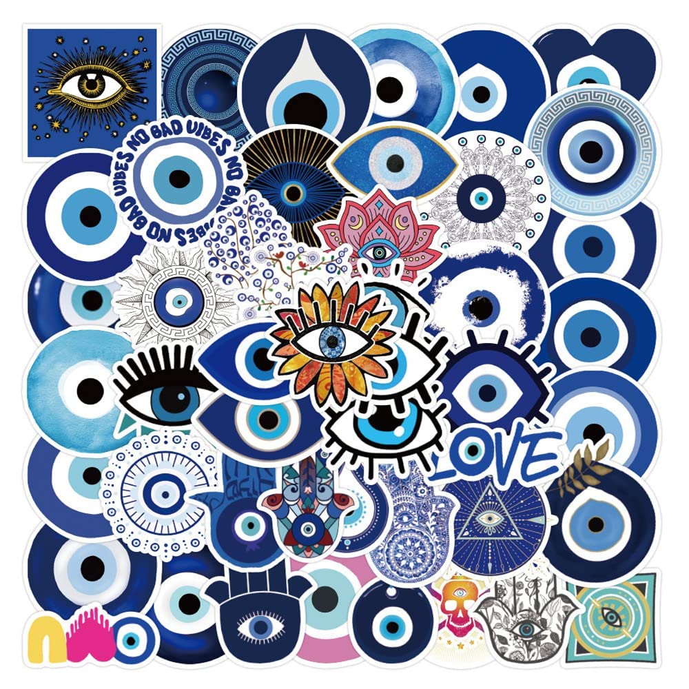 Rejoiety 50Pcs Evil Eyes Stickers,Vinyl Waterproof Blue Eyes Decal For Water Bottles Skateboard Scrapbook Aesthetics Car Decal C
