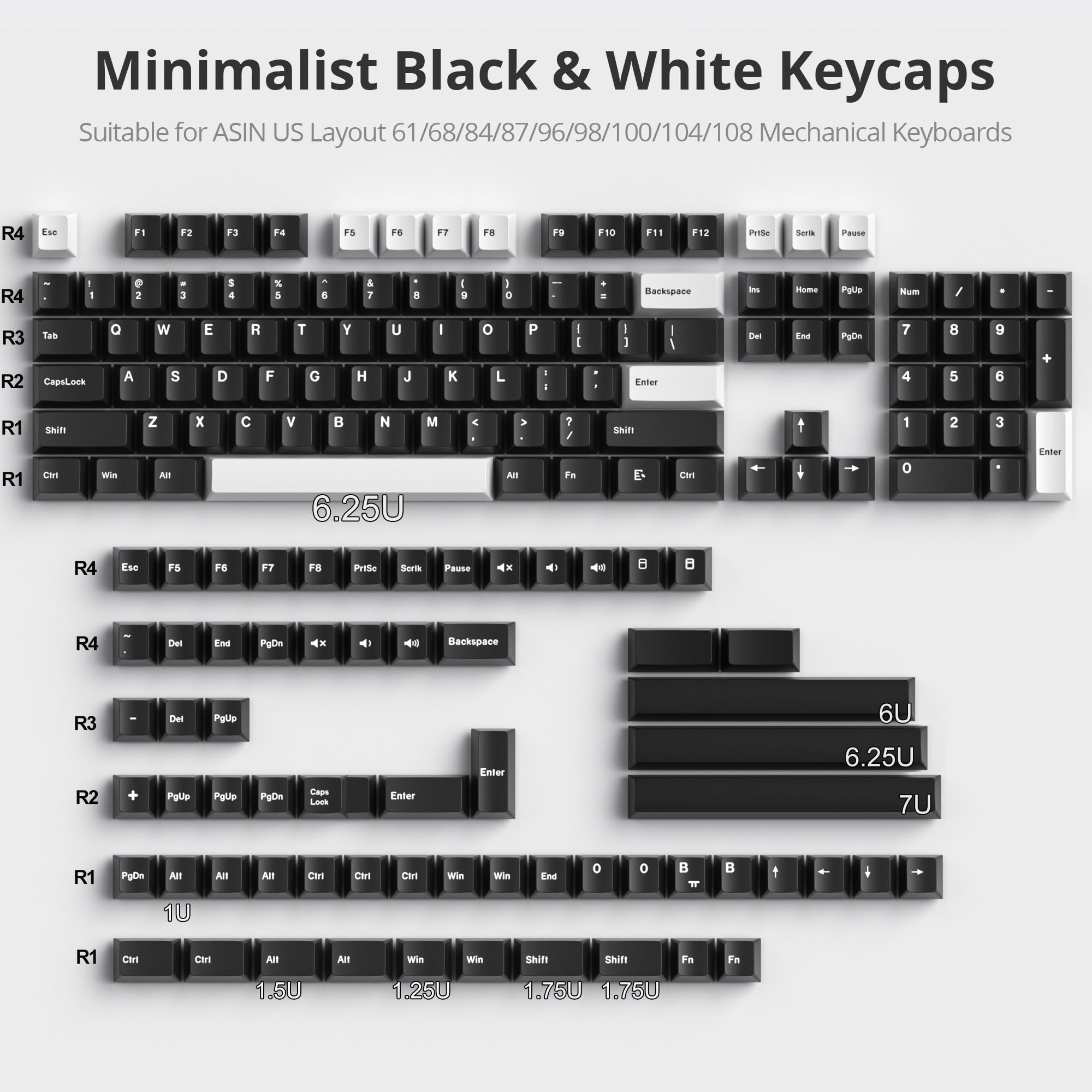 Fogruaden White On Black Keycaps, Cherry Profile Pbt Doubleshot Keycaps, Minimalist Style Black And White Keycaps, 168 Keys Cust