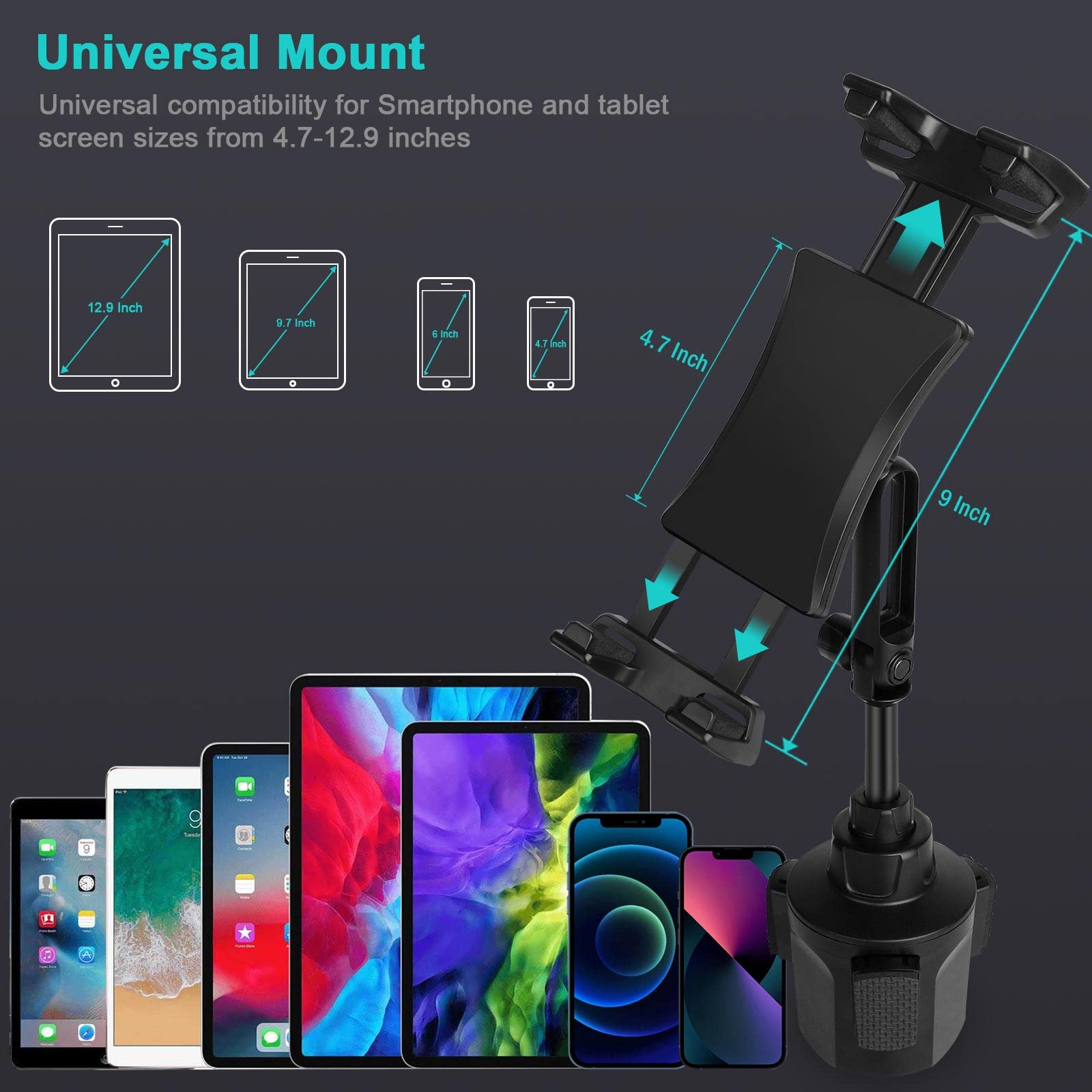 Car Cup Holder Tablet Mount & Phone Cradle Stand Truck For Ipad Pro 9.7, 11, 12.9 Air Mini 5 4 3 2, Samsung Galaxy Tabs, Iphone
