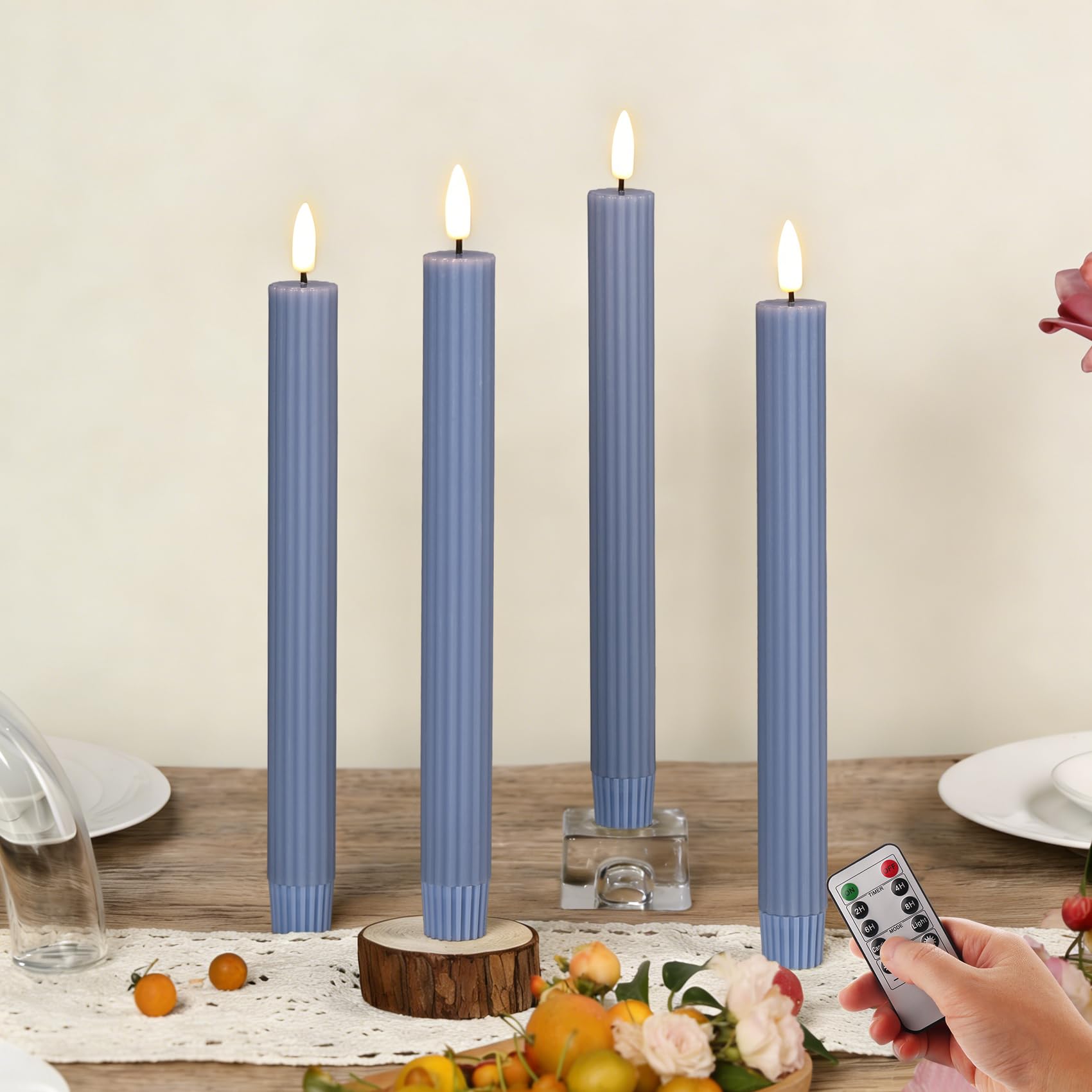 Girimax Dusty Blue Ribbed Fluted Flameless Taper Candles with Remote, Flickering Battery LED Wax Candlesticks Wedding Home Decor