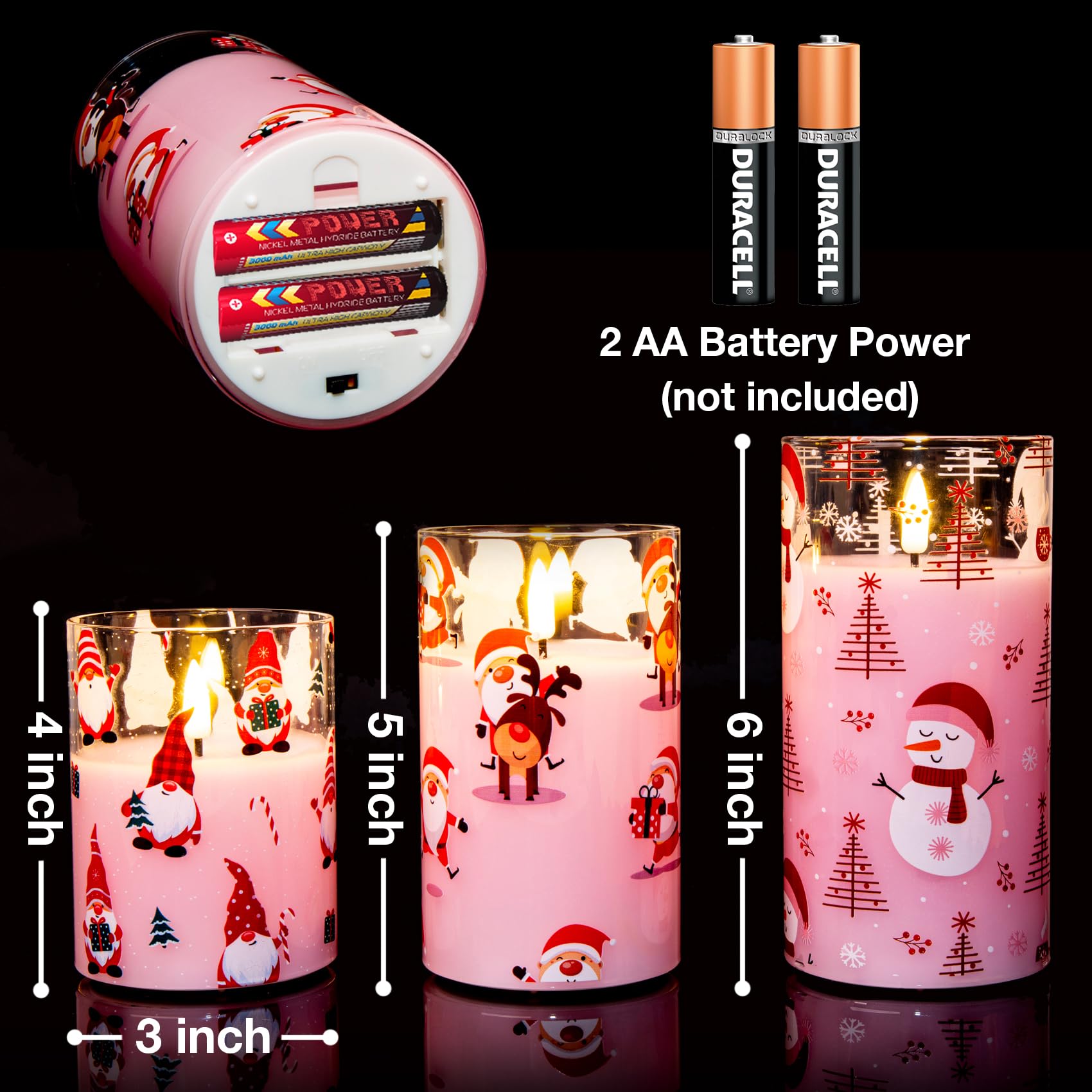 Eywamage Pink Christmas Glass Flameless Candles With Remote, Flickering Snowman Santa Gnomes Led Pillar Candles Set Of 3