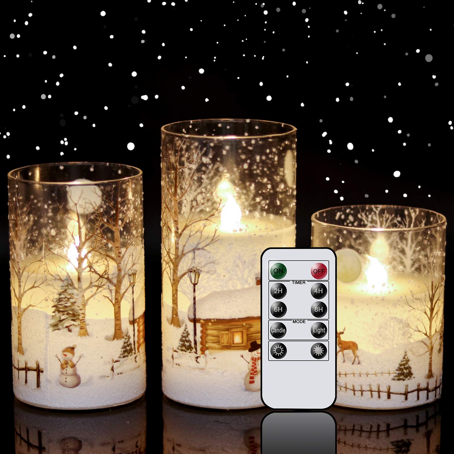 Eldnacele Snowman Glass Flameless Candles With Remote Timer Battery Operated Flickering Led Pillar Candles 3 Pack Warm White Lig
