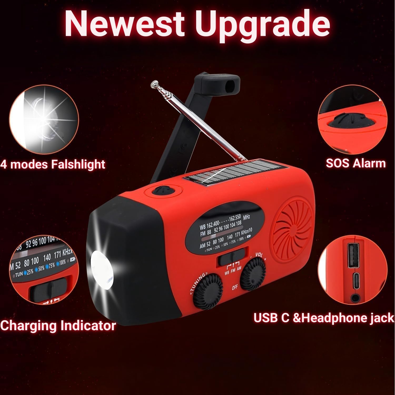 Handsider Hand Crank Emergency Weather Radio, Am Fm Noaa Solar Radio With Led Flashlight And Earphone Jack, 2000Mah Power Bank C