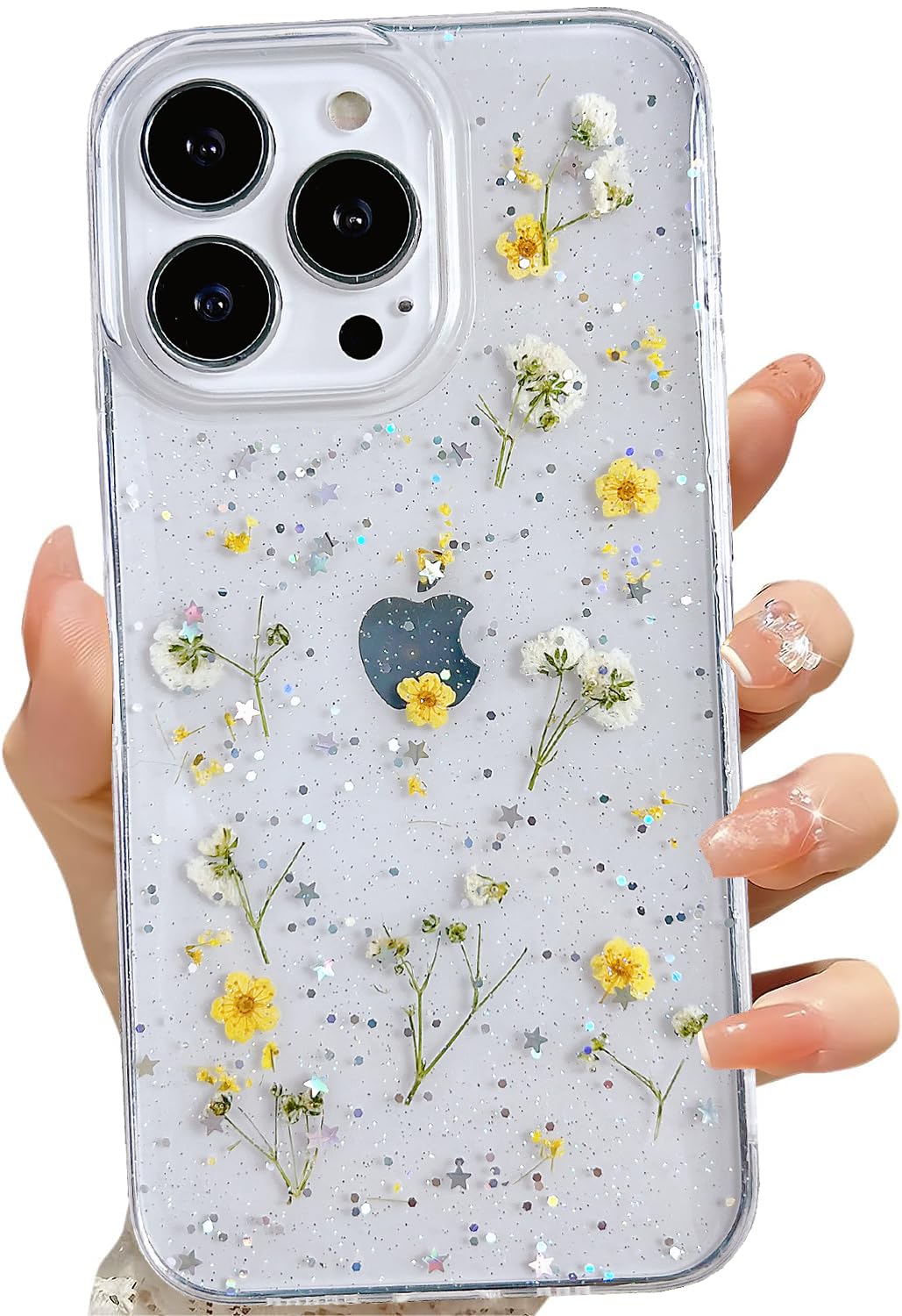Lseeka For Iphone 13 Pro Clear Case With Pressed Real Flowers Design,Glitter Cute Yellow Floral Pattern Slim Soft Tpu Protective
