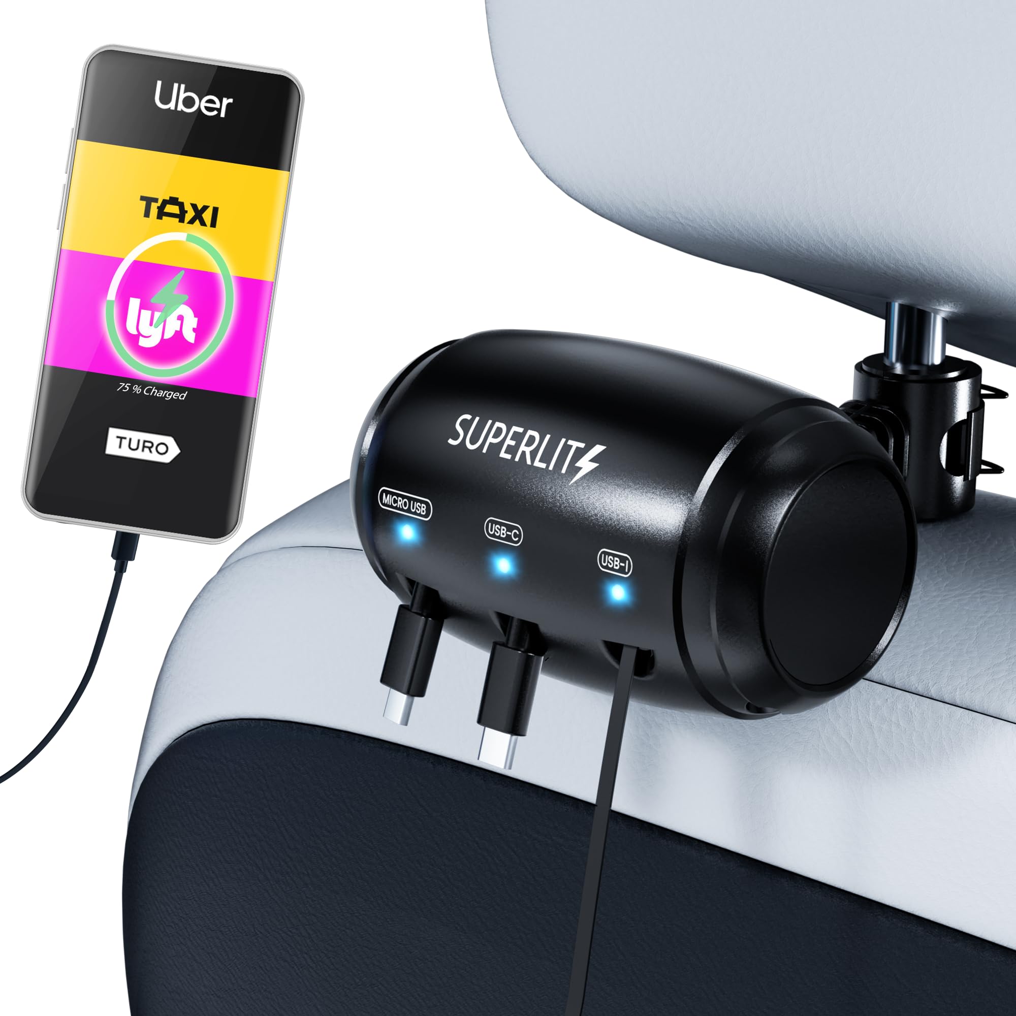 Superlit 3-in-1 Retractable Backseat Car Charger - Headrest Mount Charging Station for Uber, Lyft and Rideshare Drivers, Fast Mu